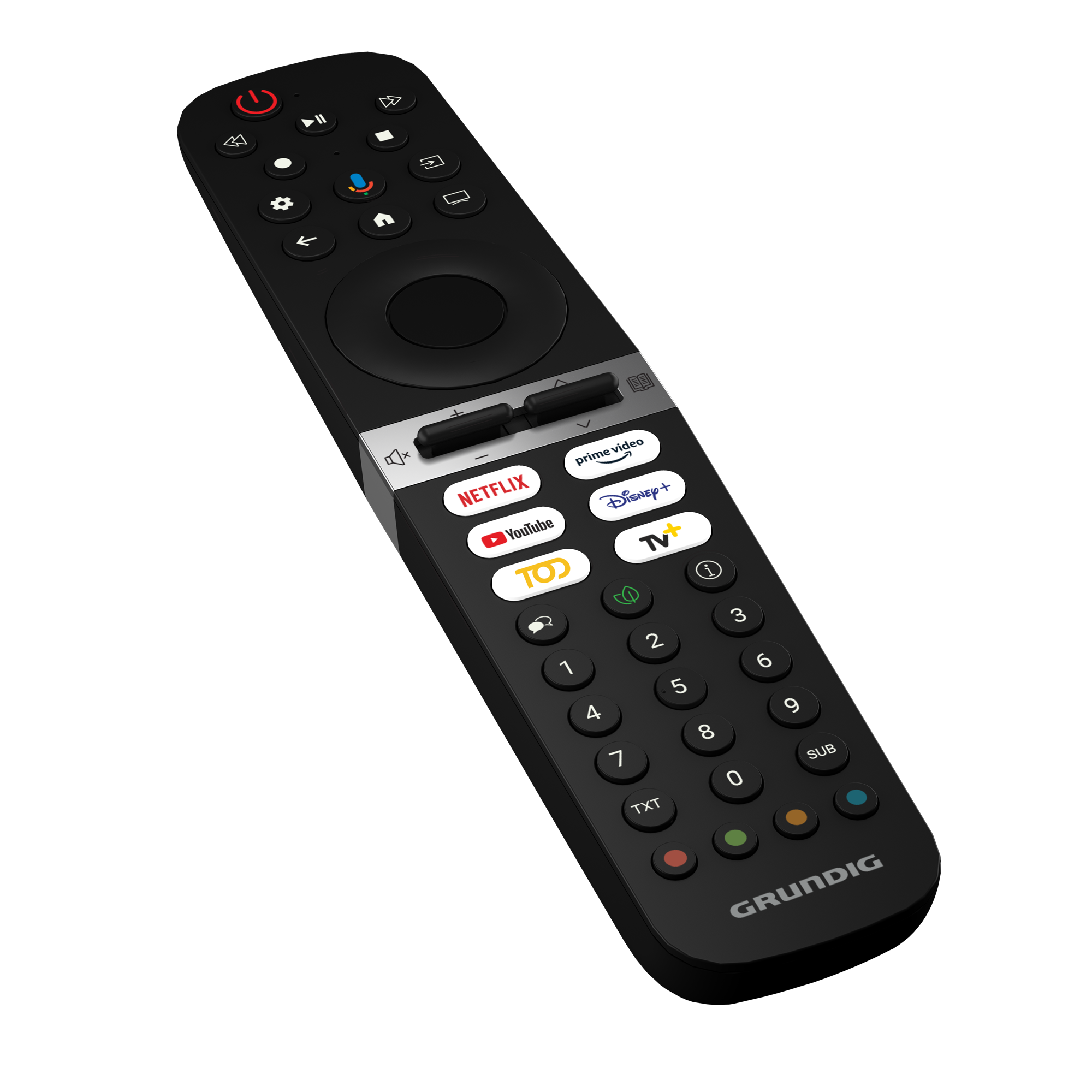 Siyah Grundig uzaktan kumanda, güç, ses, Netflix, YouTube ve sayı tuşları.