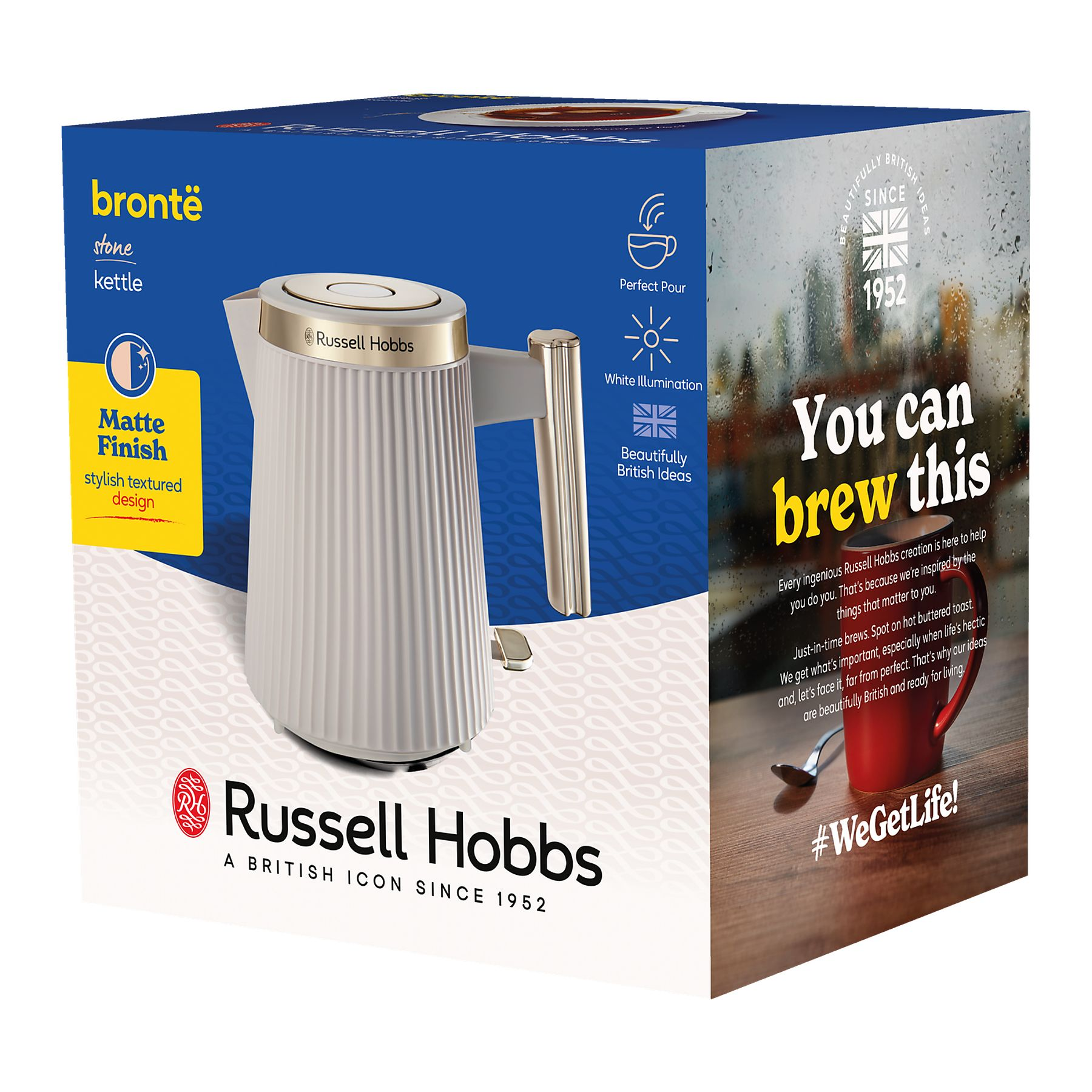 Pudełko z białym czajnikiem elektrycznym. Tekst zawiera 'Russell Hobbs' i 'You can brew this' z czerwonym kubkiem.