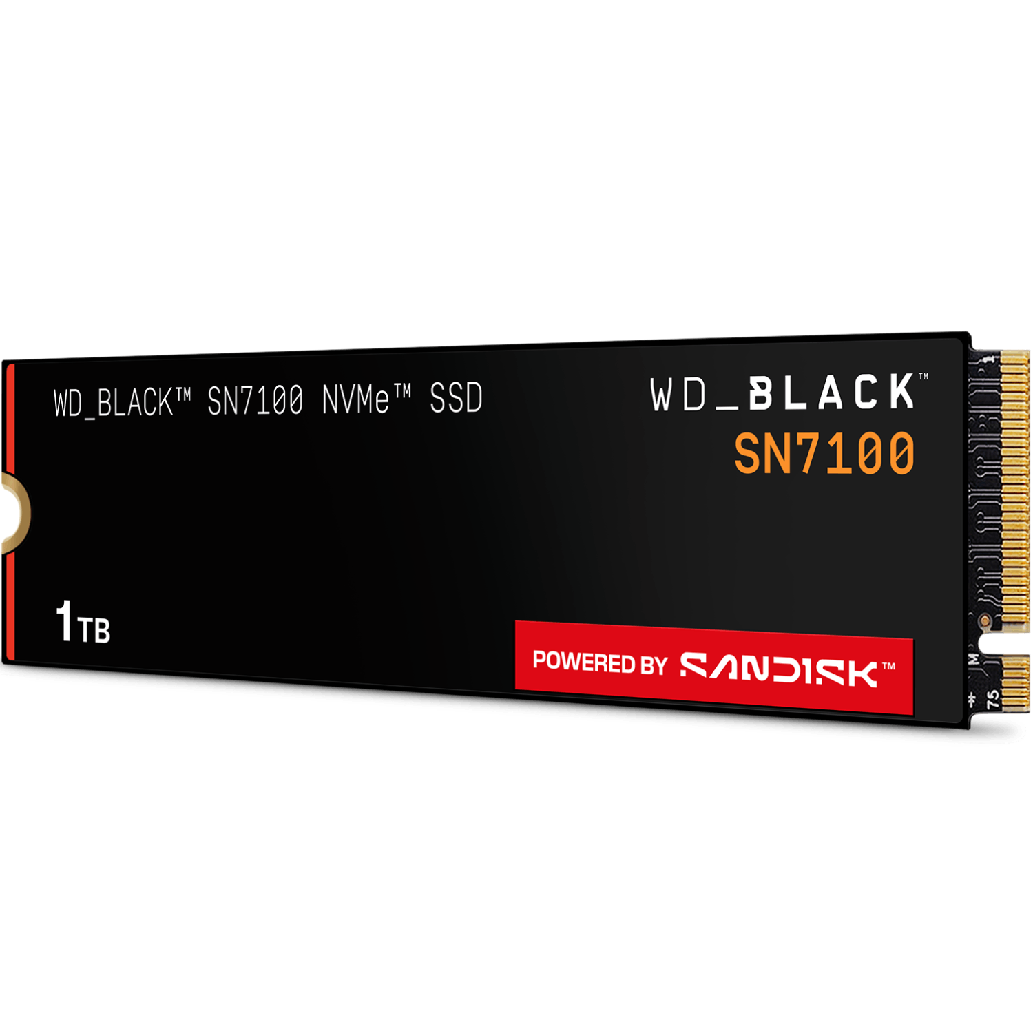 WD_BLACK SN7100 NVMe SSD. Tiene una capacidad de '1TB' y el logotipo 'Powered by SanDisk'. Texto negro y naranja sobre fondo negro.