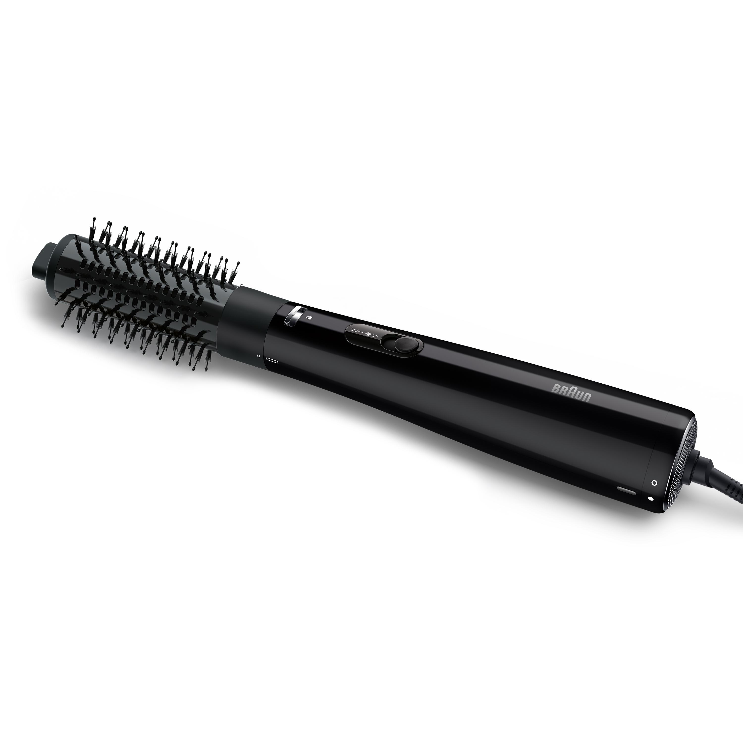 Ein schwarzer Braun-Haarstyler auf weißem Hintergrund. Er hat einen Bürstenkopf und einen langen Griff. Das Braun-Logo ist sichtbar.