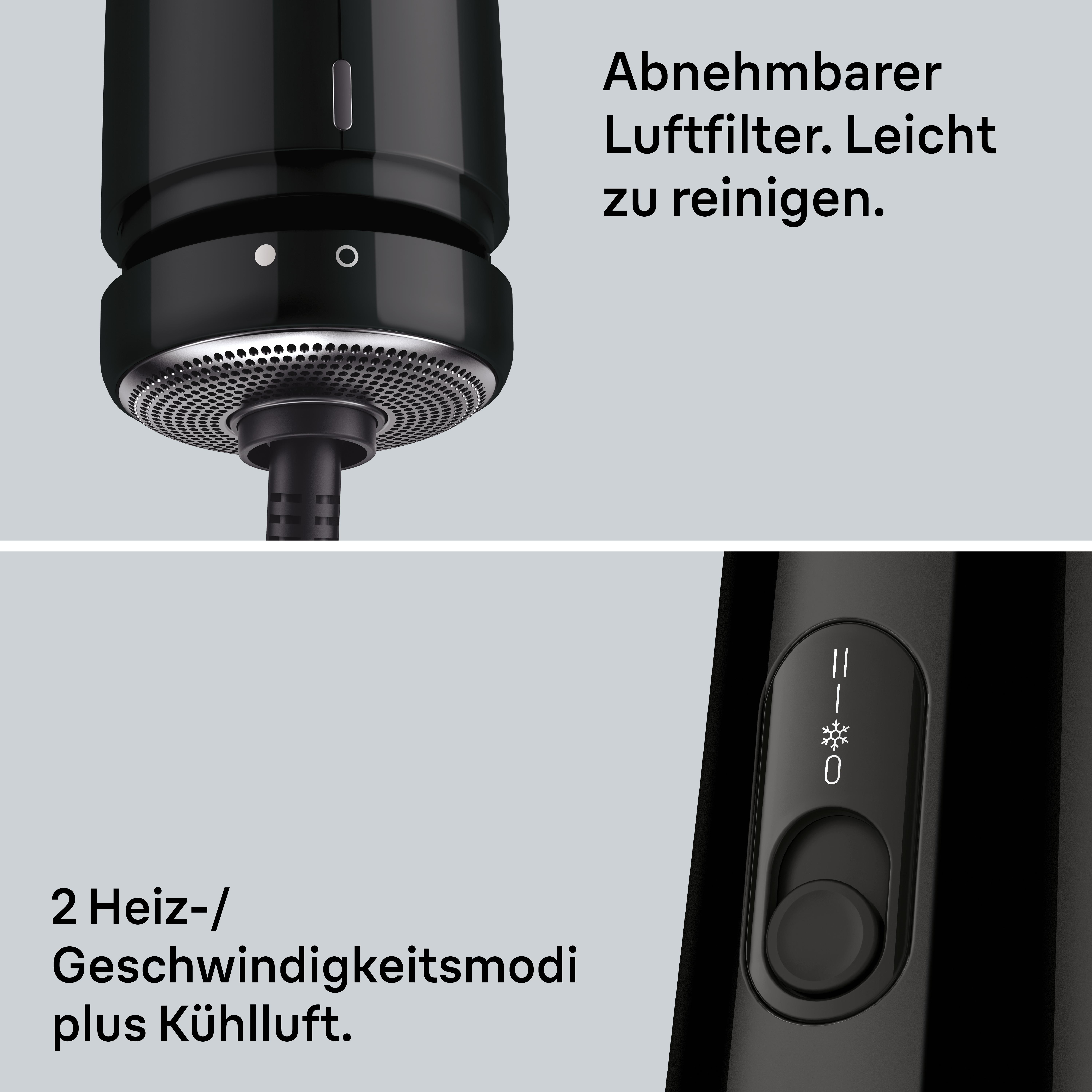 Schwarzes Haartrocknerdetail mit Text über Filter und Modi. Verfügt über ein Bedienfeld.