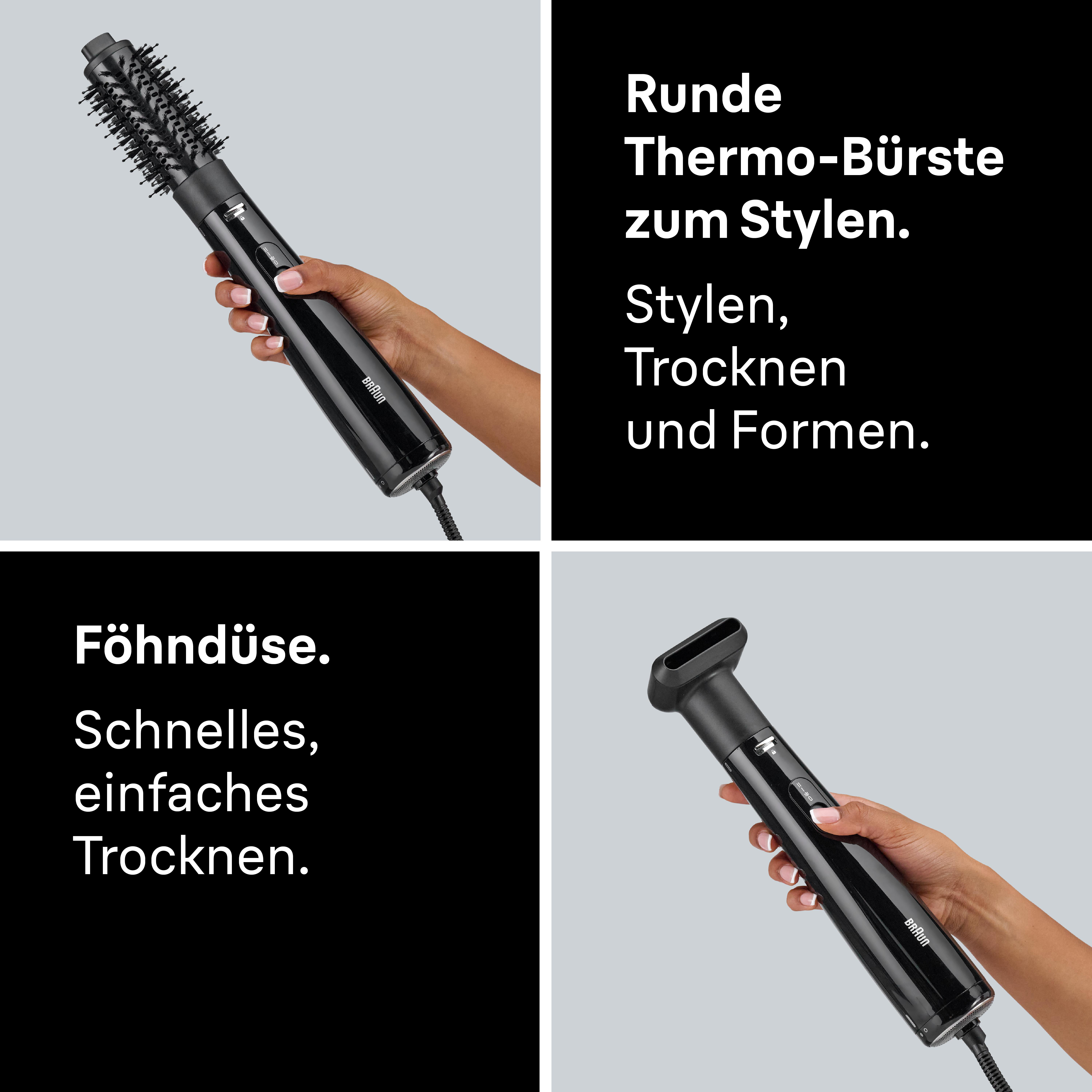 Das Bild zeigt einen schwarzen Braun-Haarstyler, der von einer Person gehalten wird. Texte beschreiben die Funktionen.