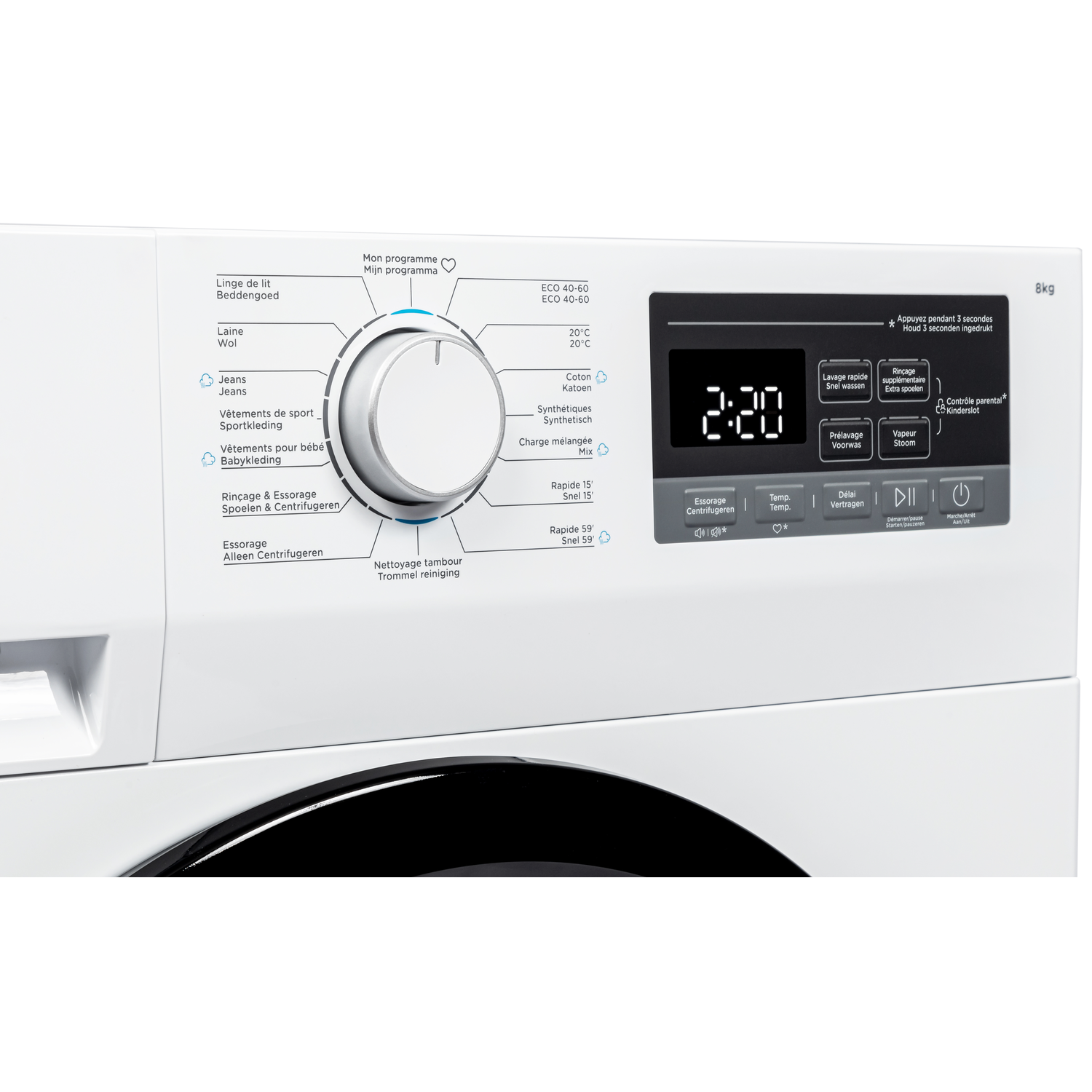 Washing machine control panel. Features a dial, digital display, and buttons with text in multiple languages.