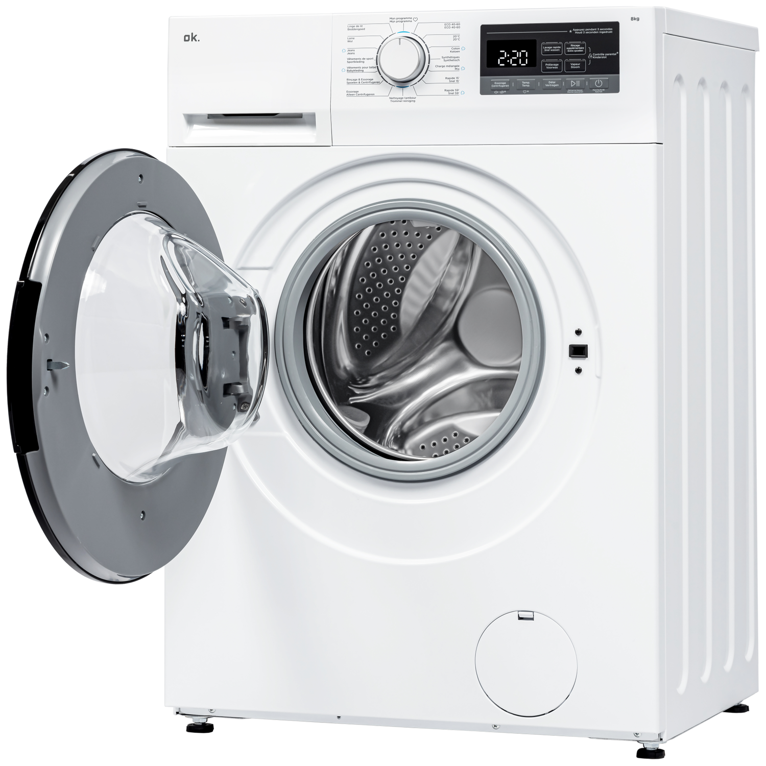 A white washing machine with an open door. It has a digital display showing 2:20. The door frame is grey.