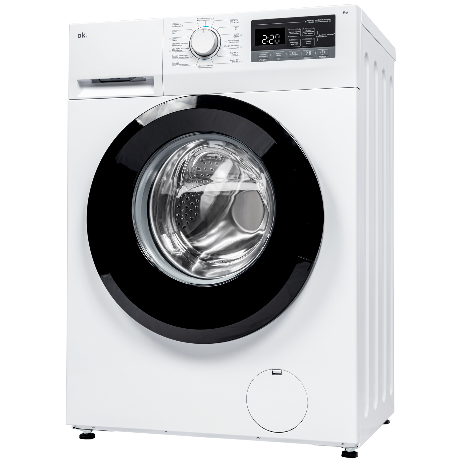 A white washing machine with a black door and control panel. The time 2:20 is displayed.