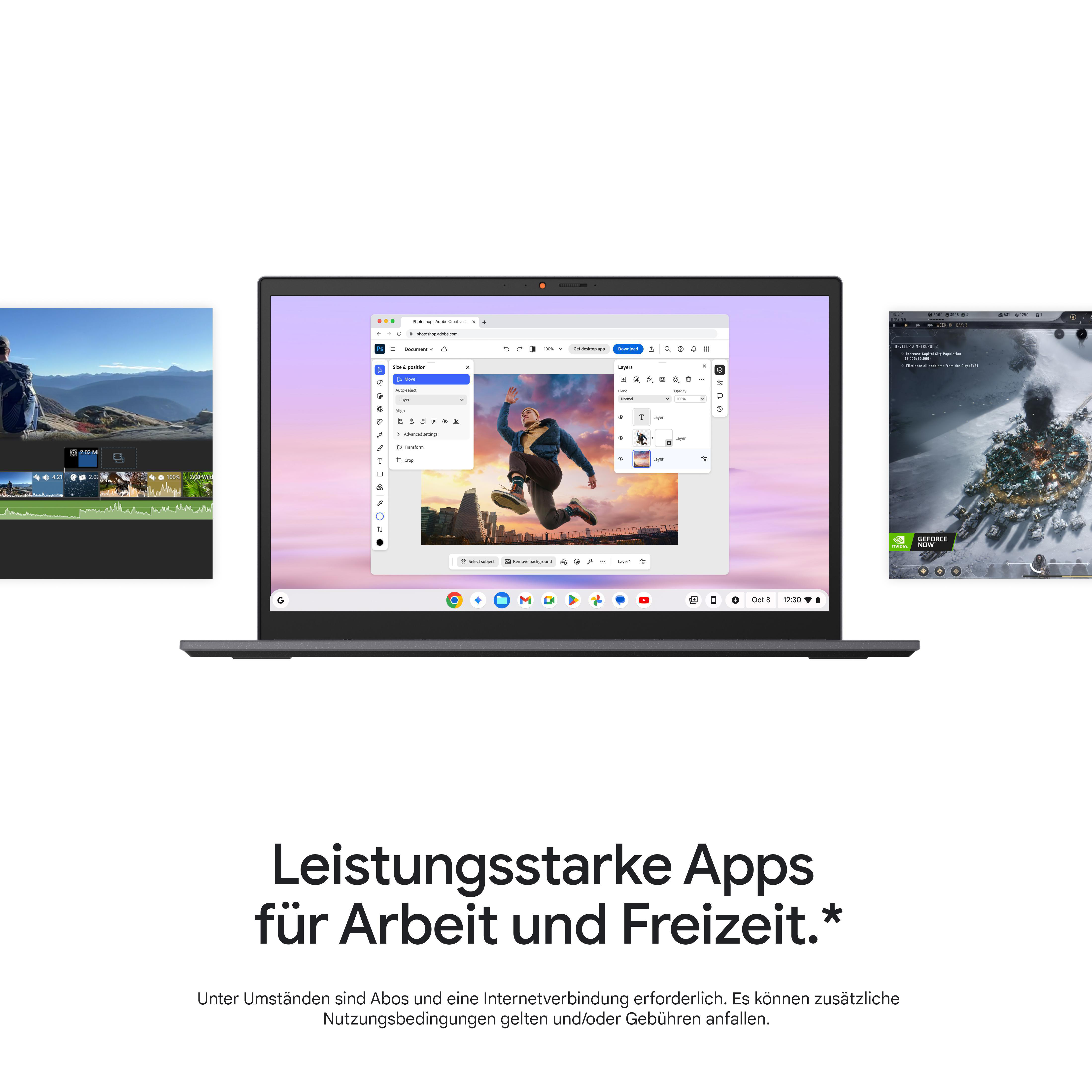 Laptop mit Bildbearbeitungssoftware, einem springenden Mann und anderen Apps.