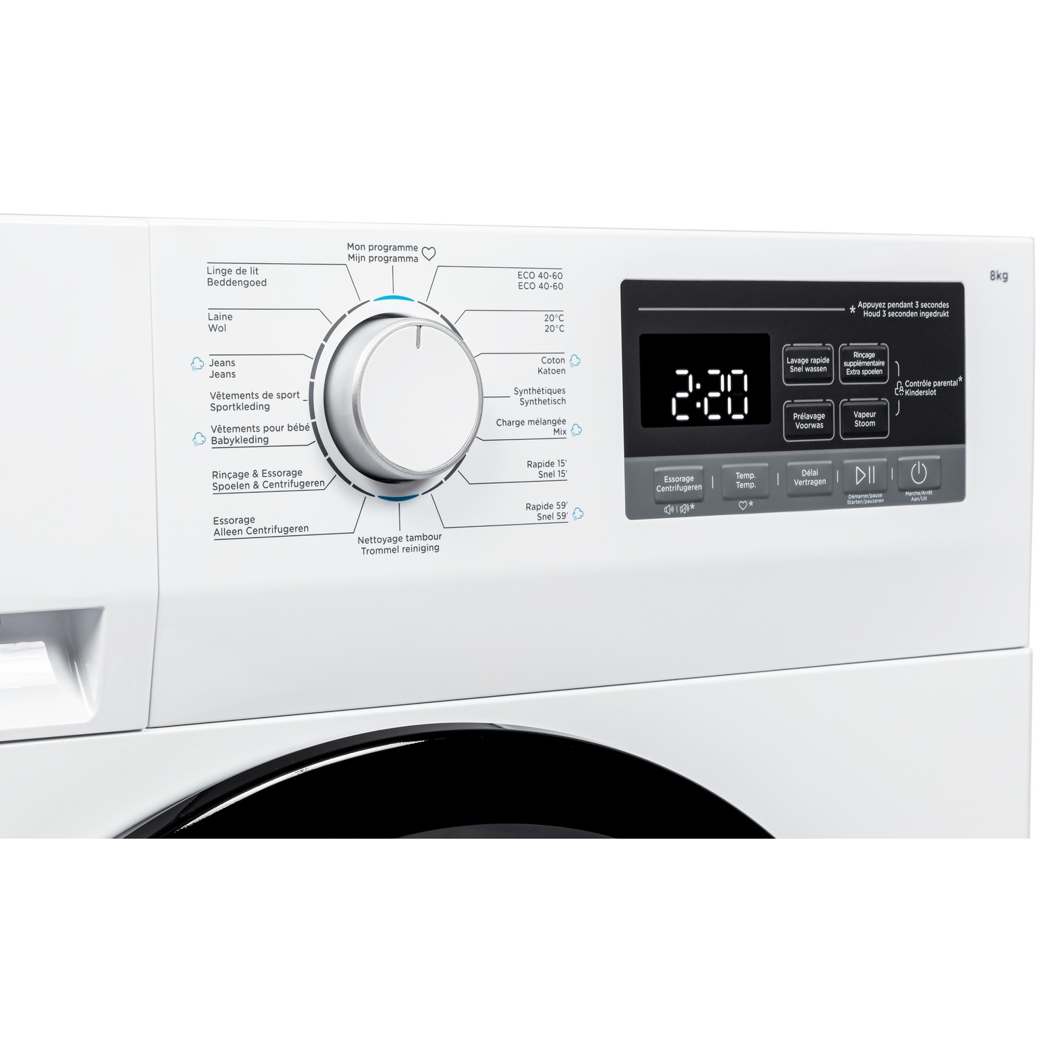 Wit wasmachine bedieningspaneel met draaiknop, display en knoppen, met diverse wasinstellingen.