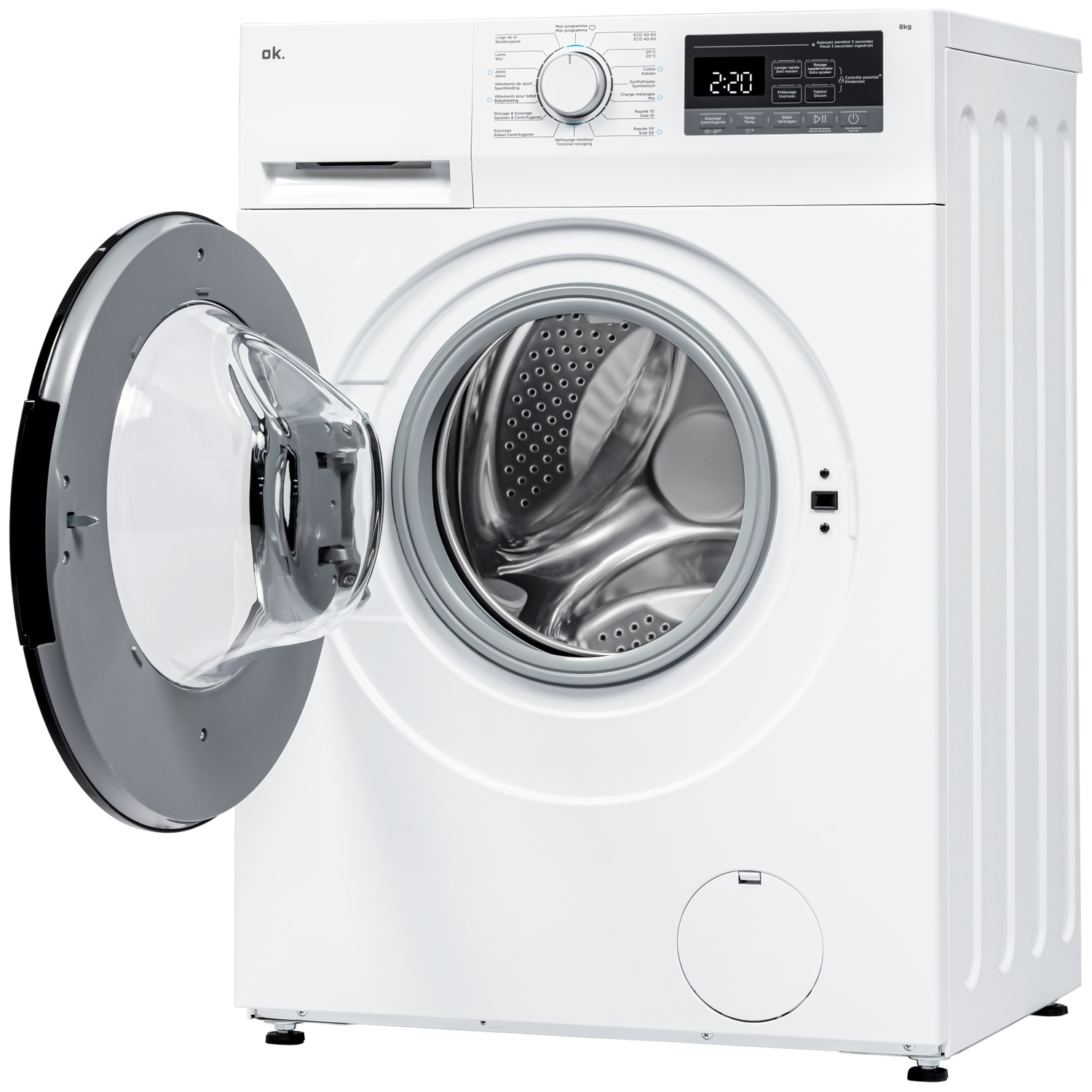 Een witte wasmachine wordt getoond met de deur open. Het bedieningspaneel is zichtbaar met diverse knoppen en een digitaal display.