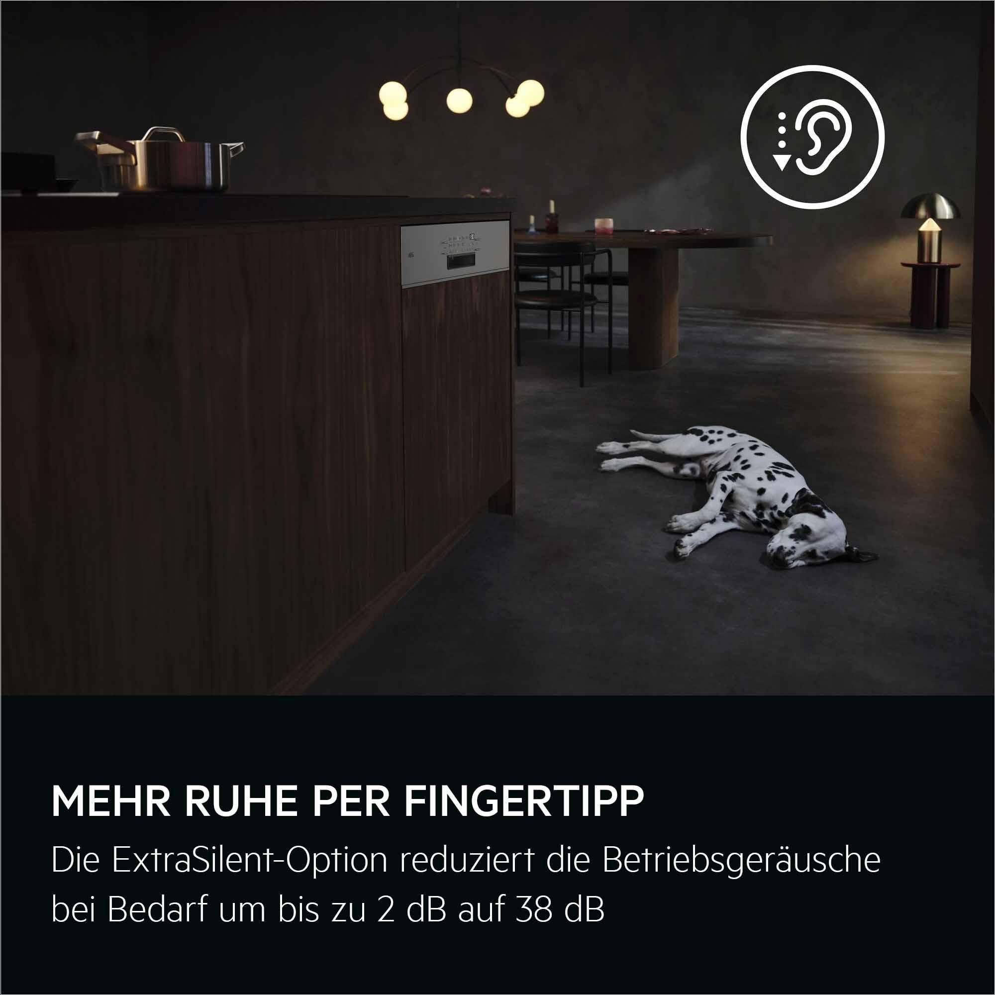 Eine moderne Küche mit Geschirrspüler, ein Dalmatiner-Hund liegt auf dem Boden. Text: Mehr Ruhe pro Fingertipp.