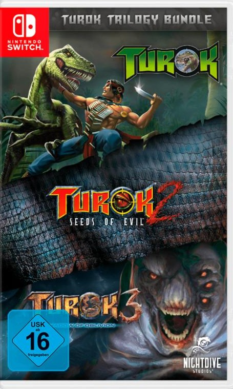 Turok Trilogy Bundle Spielcover. Es zeigt einen Dinosaurier, einen Krieger und Monsterbilder. Das Nintendo Switch-Logo ist sichtbar.