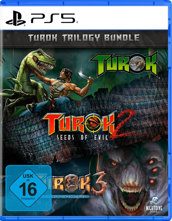 PS5-Spielhülle mit Turok Trilogy Bundle. Enthält Dinosaurier, Krieger und Monster. Beinhaltet Turok 2 und 3 Spielcover.