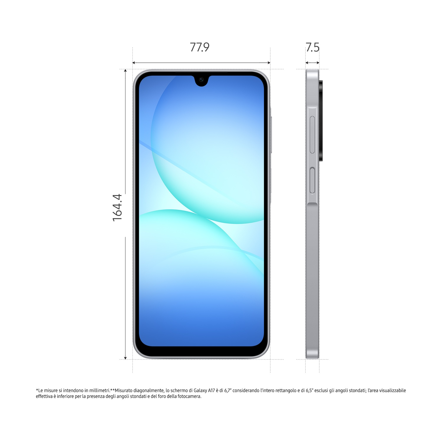 Schema di uno smartphone. Dimensioni: 164,4 mm di altezza, 77,9 mm di larghezza e 7,5 mm di spessore. Lo schermo mostra uno sfondo blu e bianco.