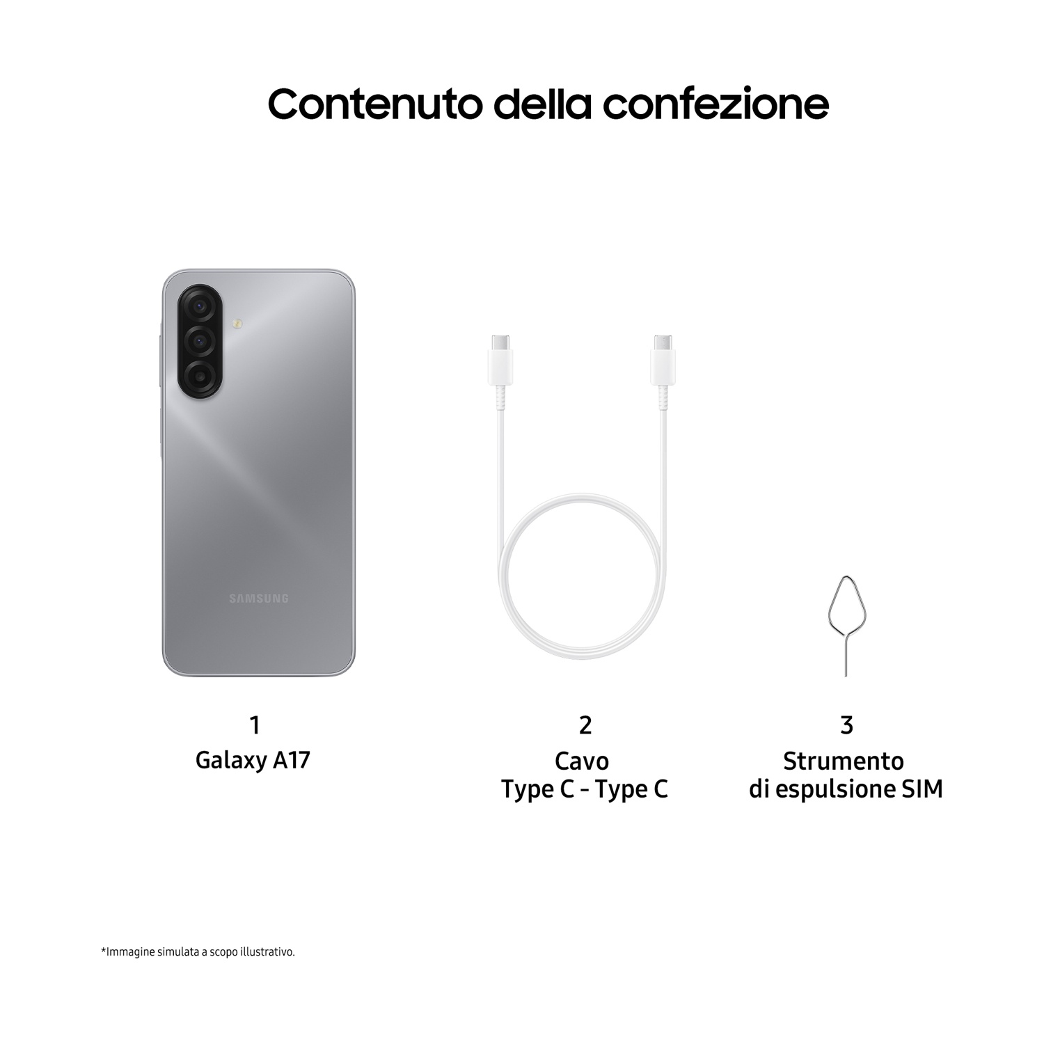 L'immagine mostra un Samsung Galaxy A17 argentato, un cavo USB-C e uno strumento di espulsione SIM. Il testo dice 'Contenuto della confezione'.