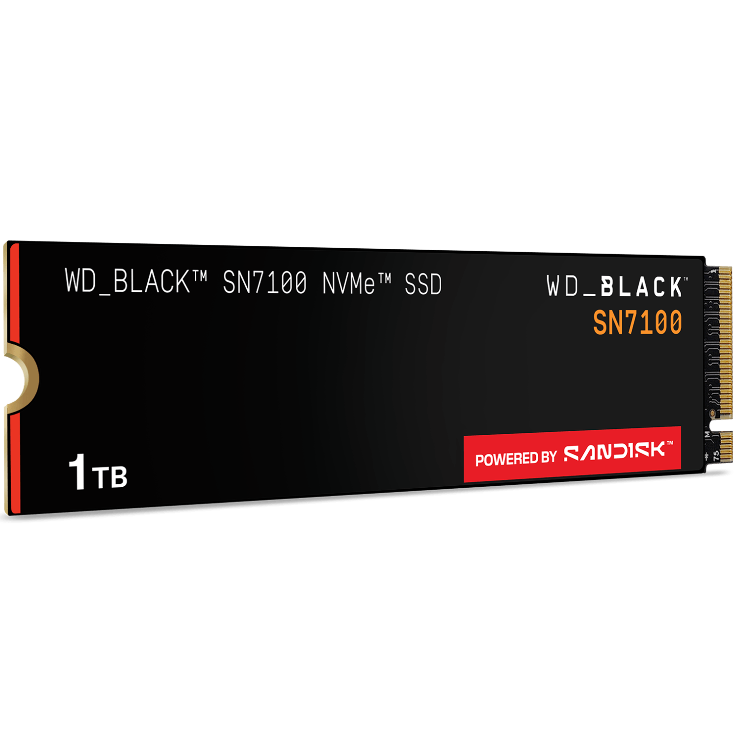 SSD NVMe WD_BLACK SN7100 negra, capacidad de 1TB, con logo "POWERED BY SANDISK". Nombre y capacidad visibles.