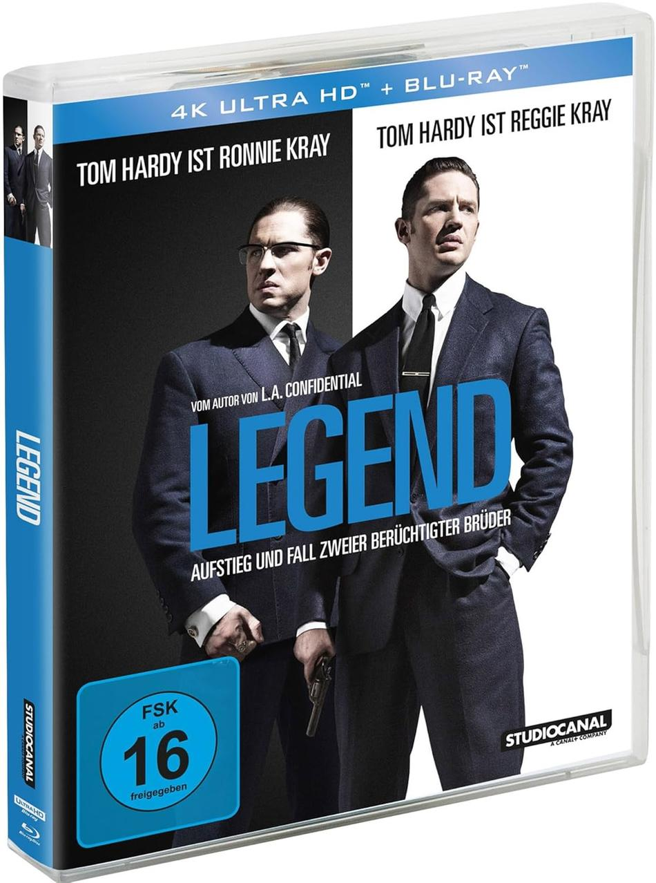 DVD-Cover. Tom Hardy im Anzug, mit einer Pistole, dem Titel "Legend" und der Bewertung FSK 16.