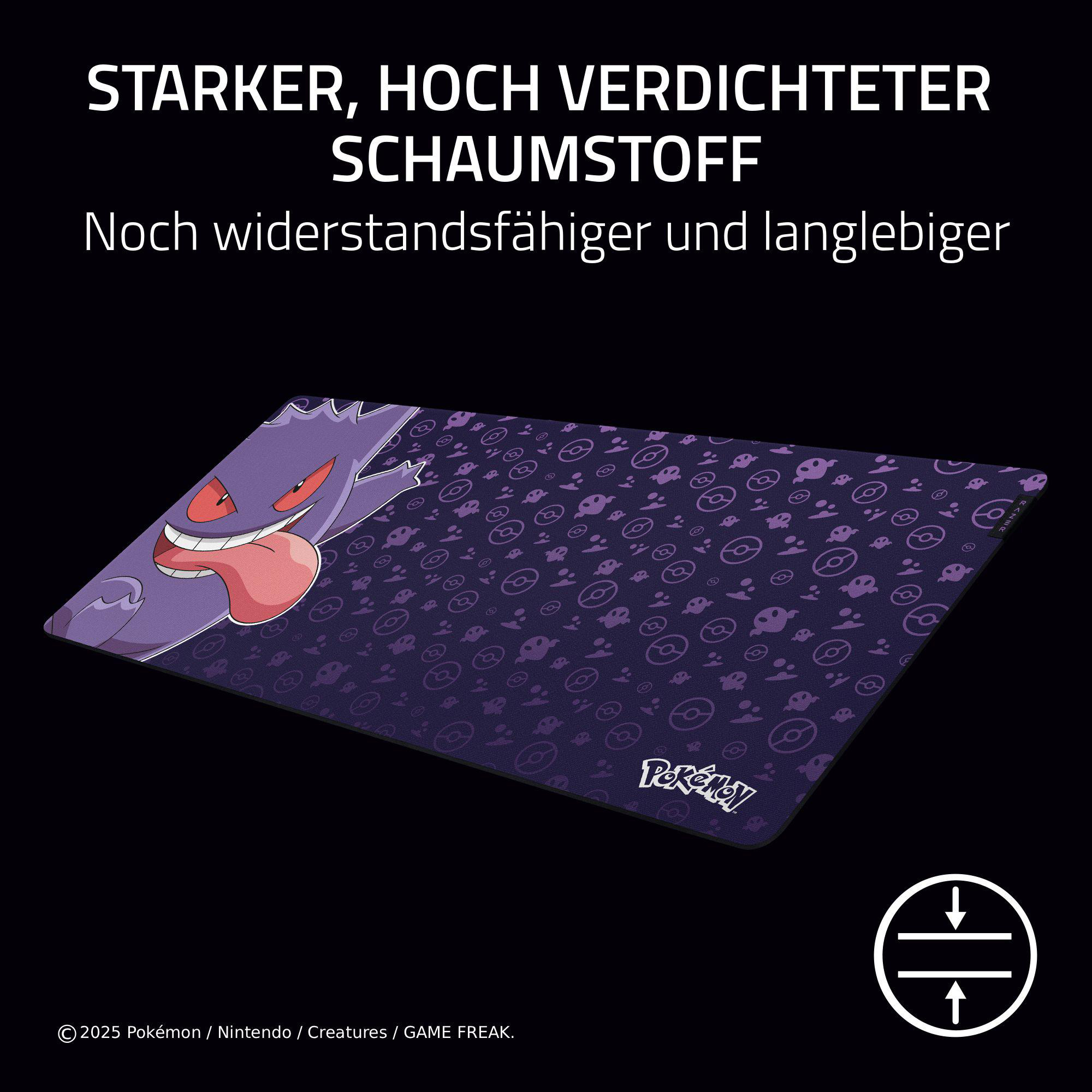 Ein lila Gengar-Mauspad mit einem lila Muster. Text oben, Pokemon-Logo unten und ein Razer-Logo.