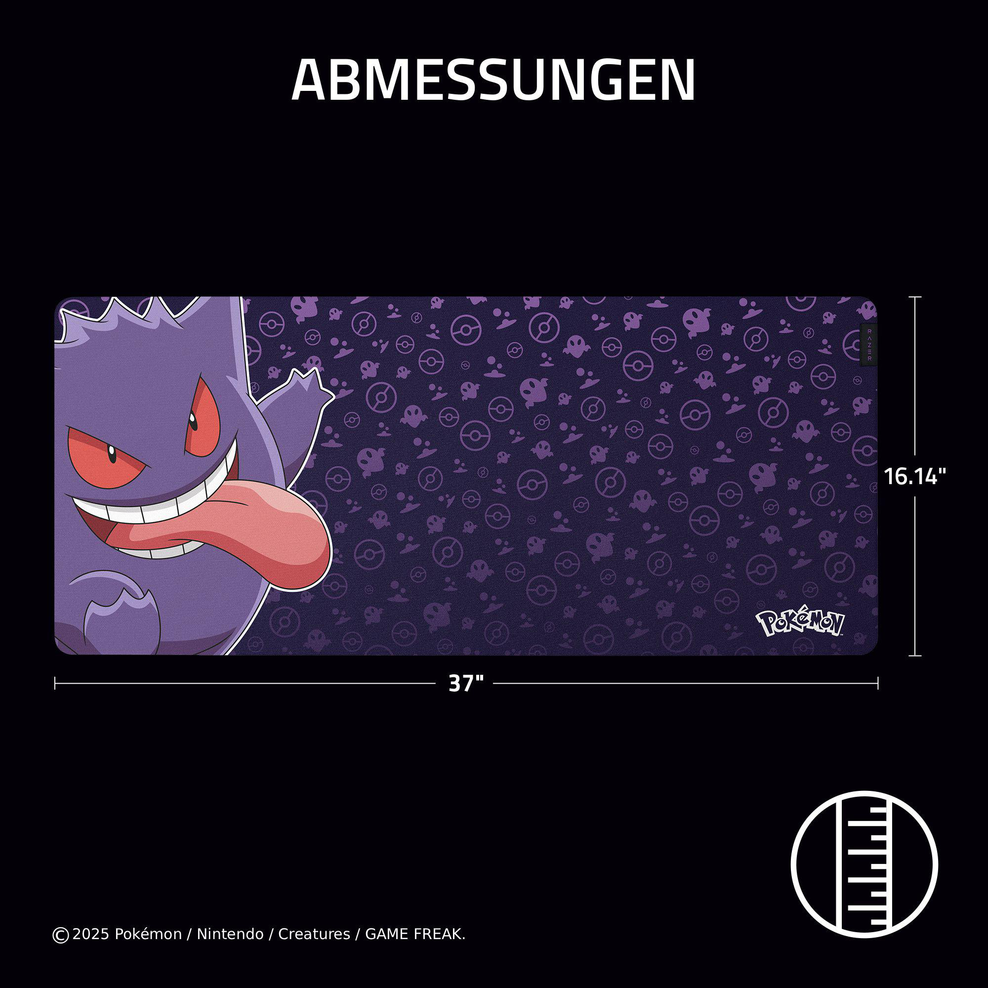 Mauspad mit Gengar, lila Hintergrund mit Pokémon-Symbolen und Abmessungen: 37x16,14 Zoll.