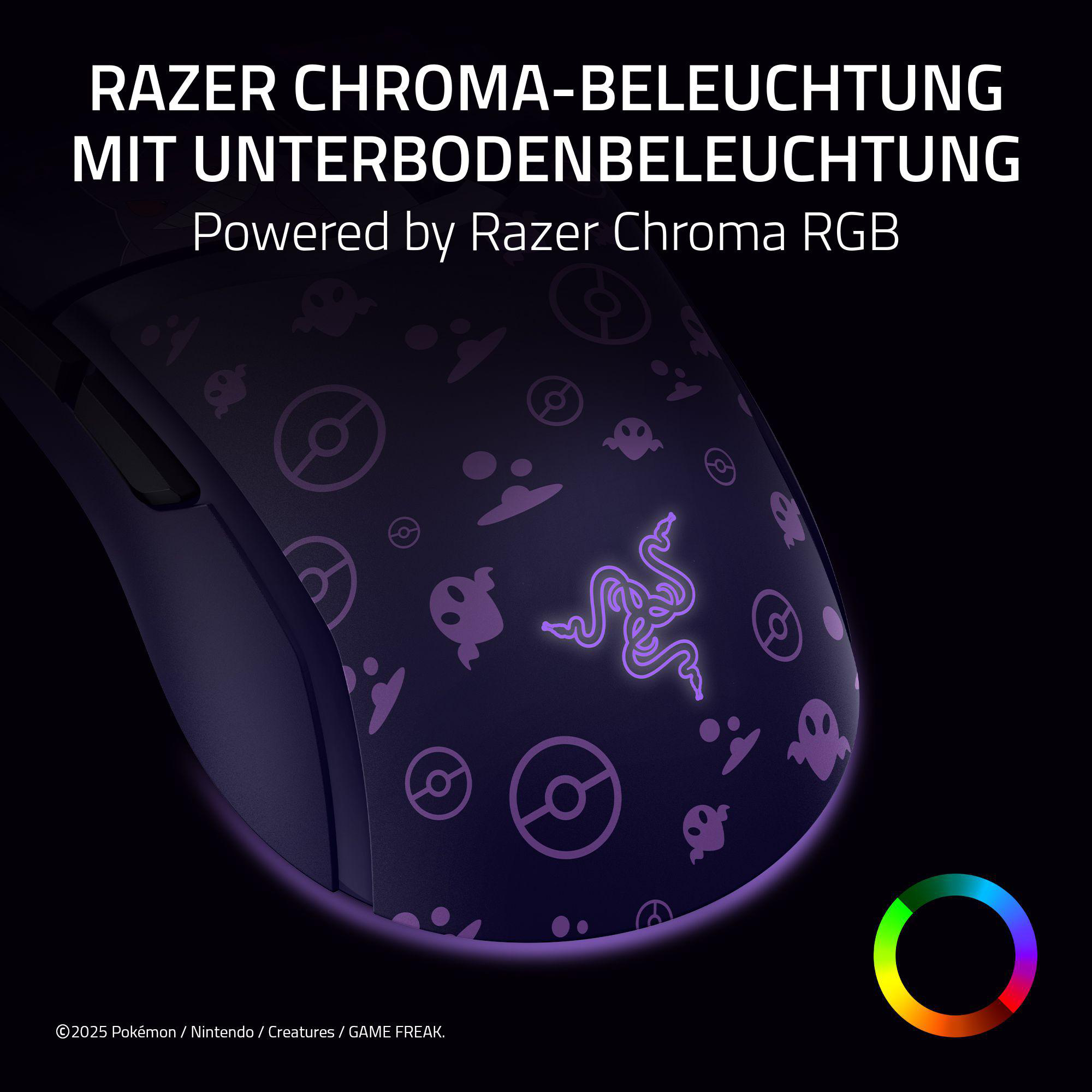 Eine Razer-Maus mit lila Pokemon-Designs, leuchtendem Razer-Logo und Farbkreis.
