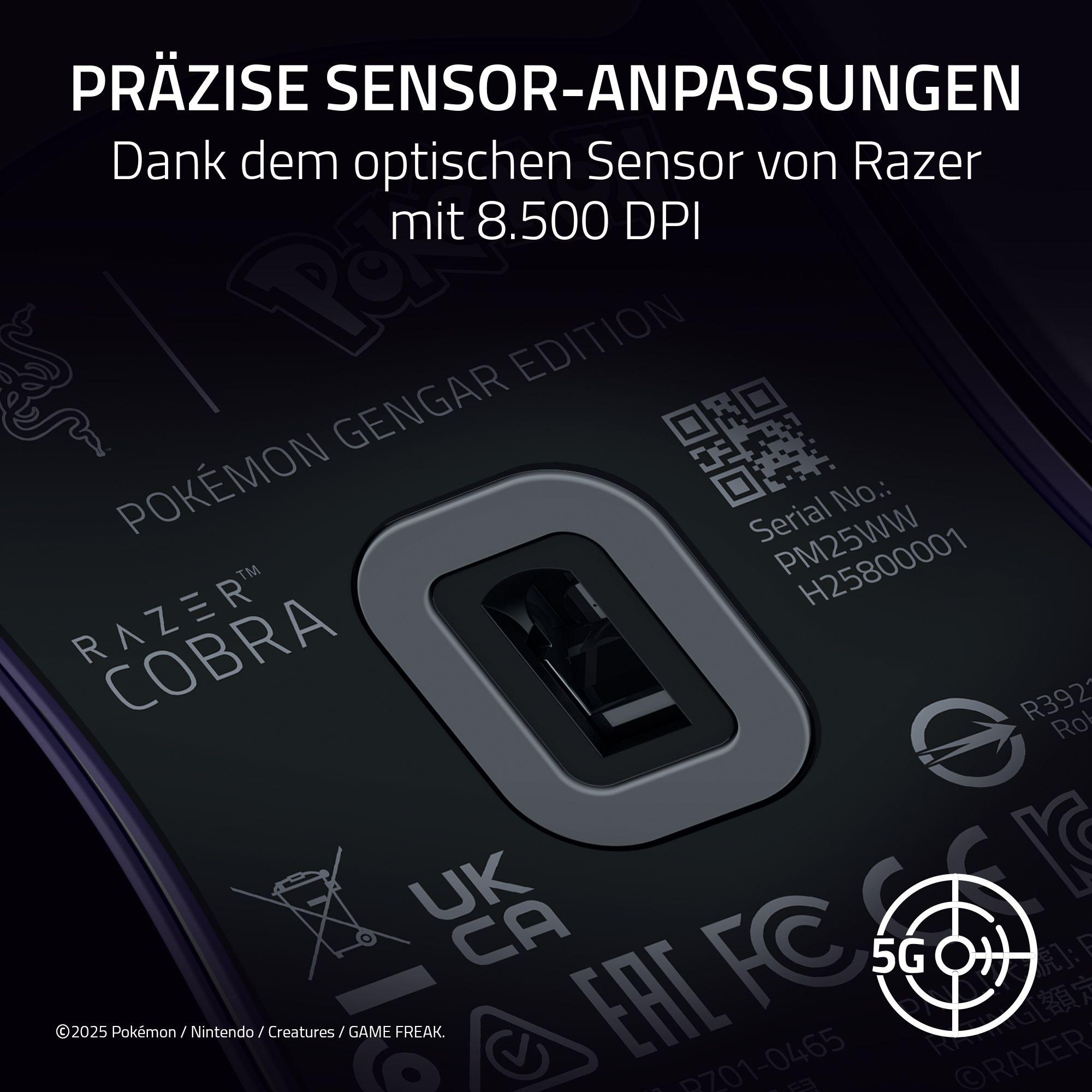 Nahaufnahme einer schwarzen Razer Cobra-Maus, Pokemon Gengar Edition, mit Text und Logos, einschließlich 5G.