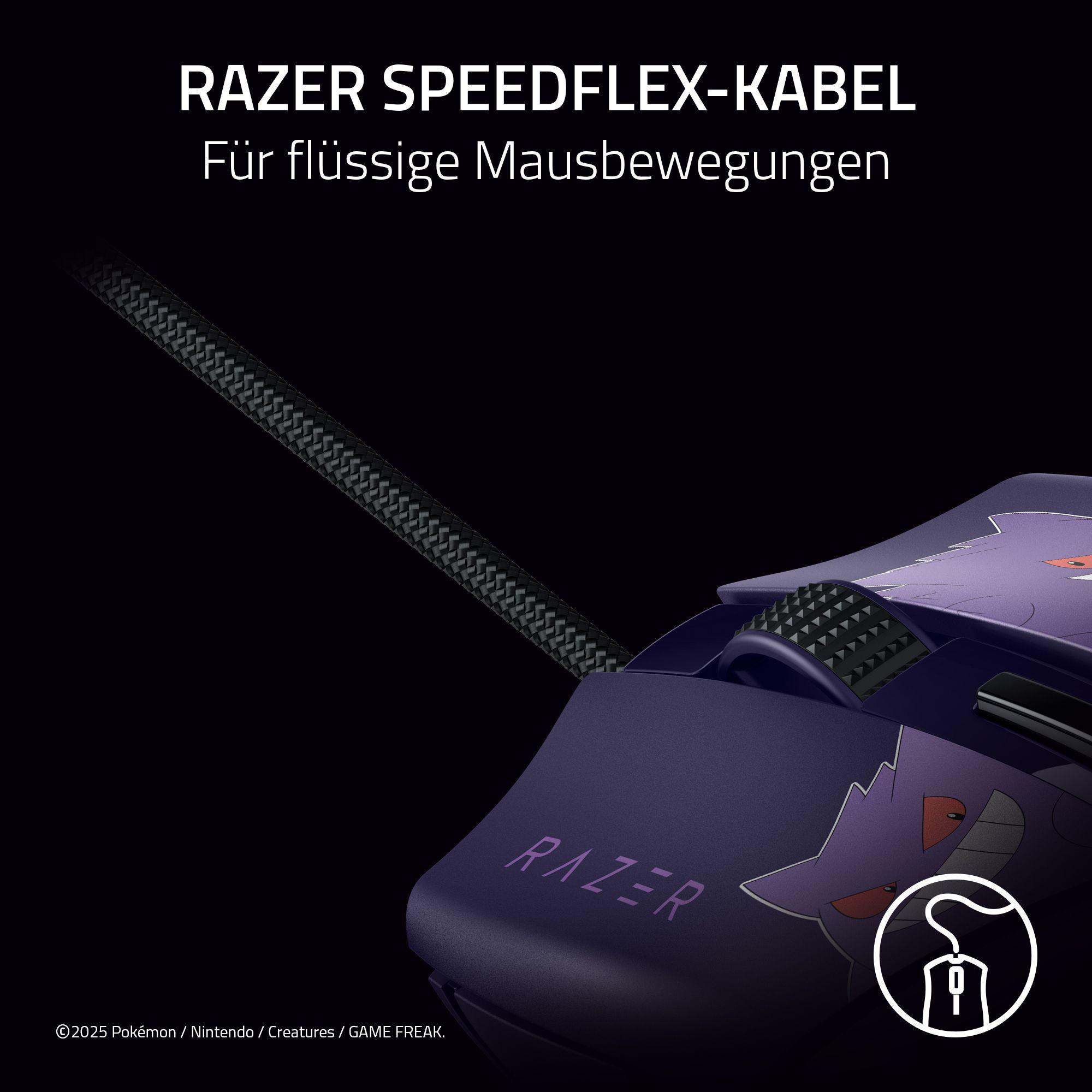Das Bild zeigt eine Razer-Maus mit schwarzem Kabel. Sie ist lila mit einem Gengar-Design. Der Text lautet Razer Speedflex-Kabel.