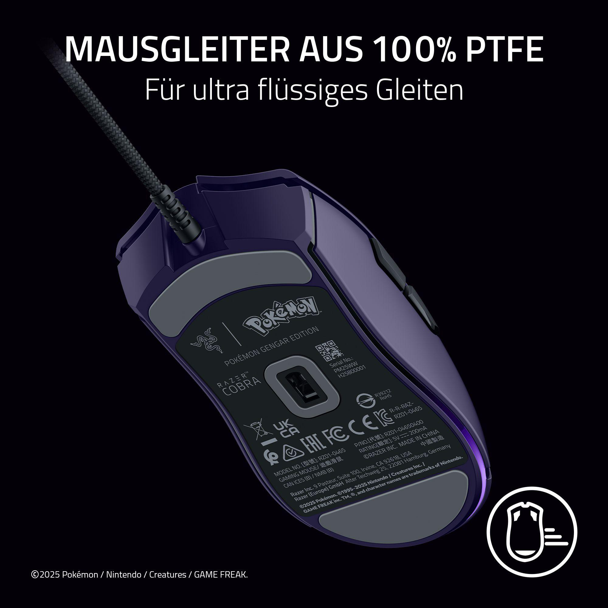 Eine lila Razer Cobra Gaming-Maus mit Pokemon Gengar Edition-Logo, schwarzem Kabel und Text.