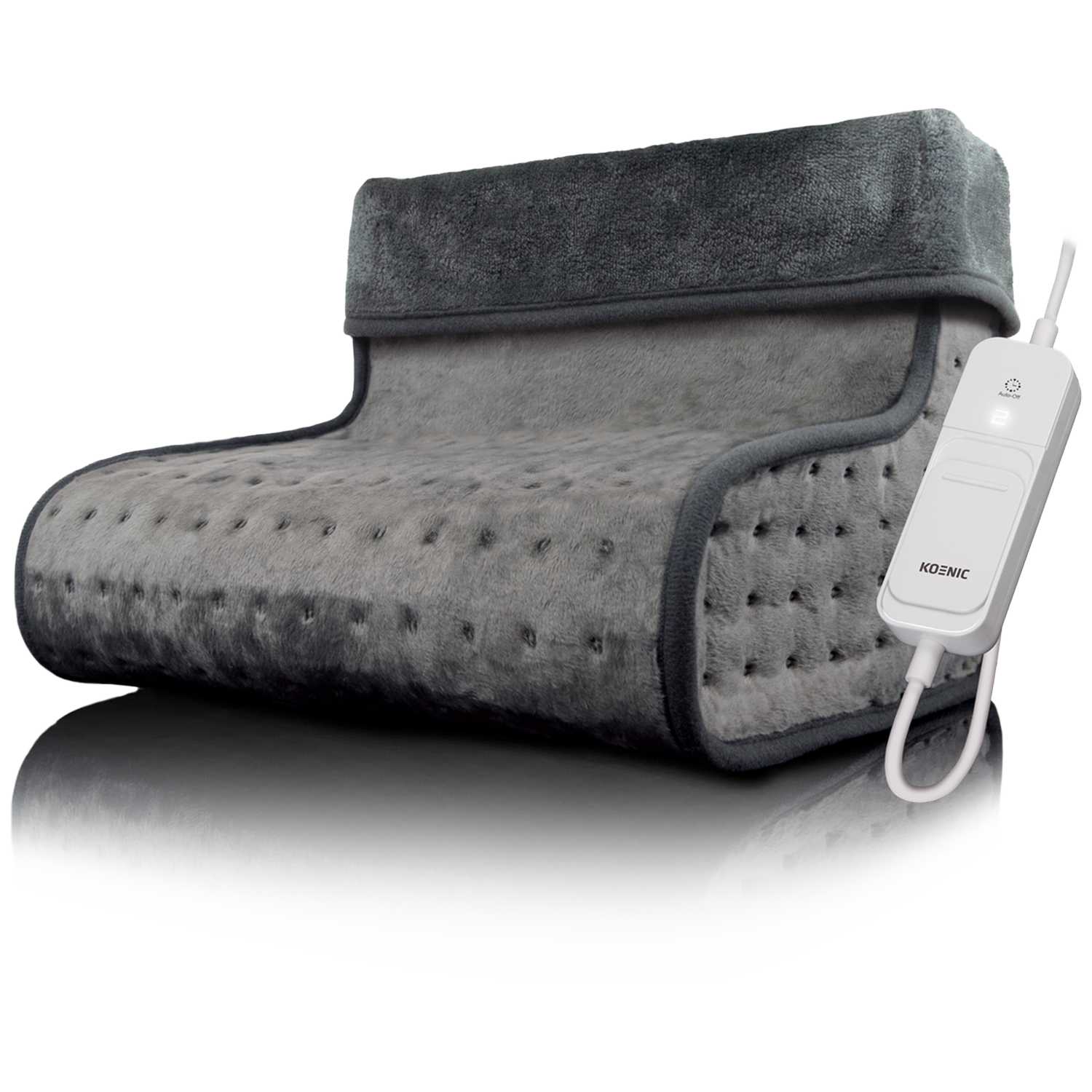 Un coussin chauffant gris avec un panneau de contrôle et un cordon d'alimentation. Le coussin a une bordure gris foncé et une texture douce.