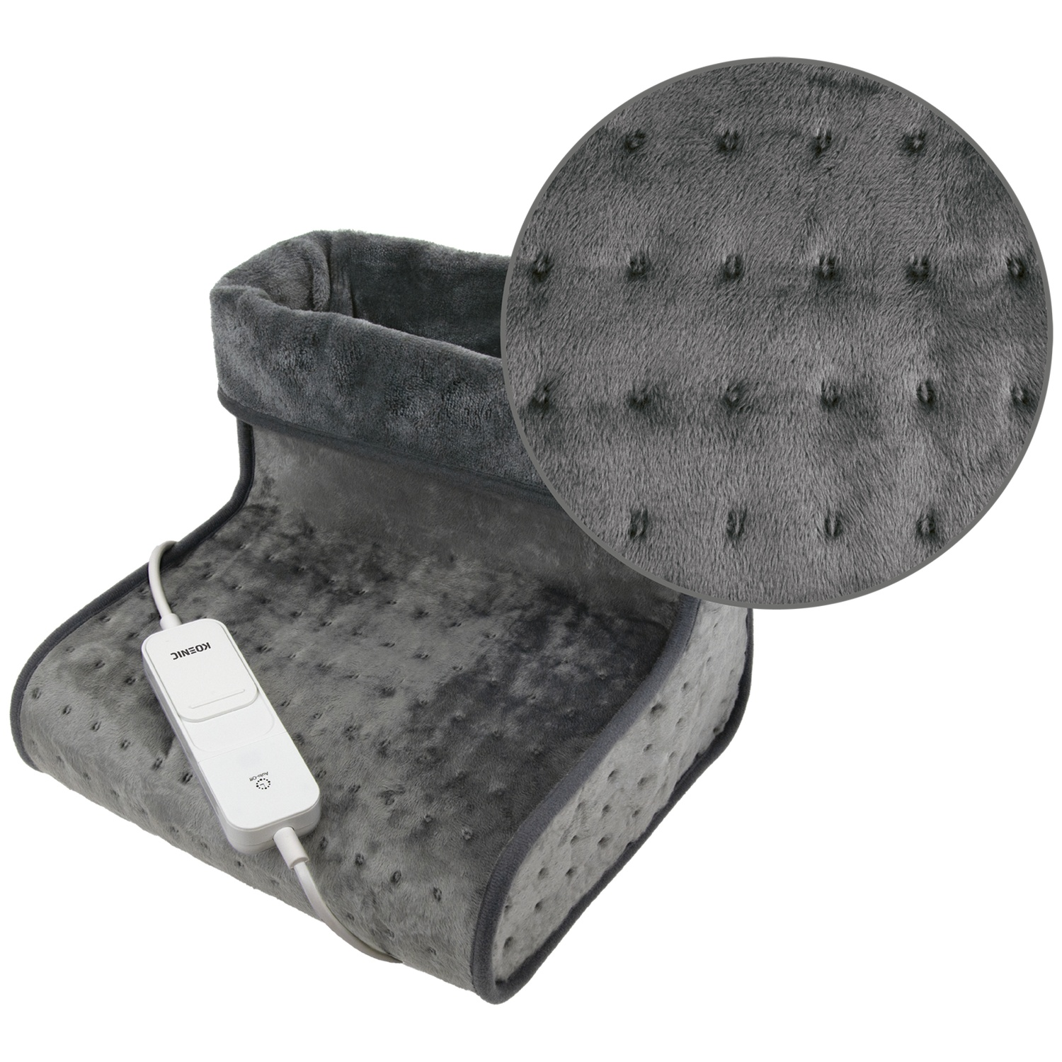 Un chauffe-pieds électrique gris avec un panneau de commande et une section agrandie montrant le tissu texturé.