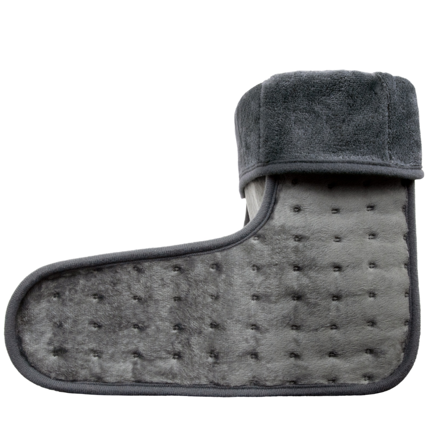 Un chauffe-pieds gris chauffant avec une texture floue. Il a une forme de botte, avec une section de pied et un revers supérieur.