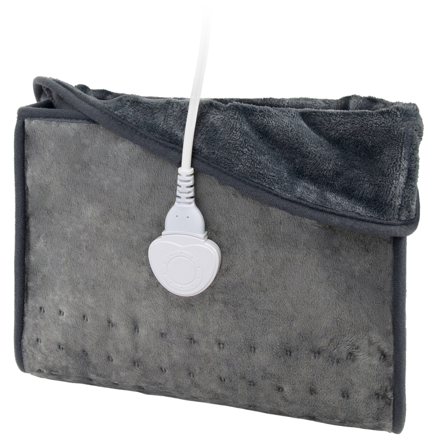 Un coussin chauffant électrique gris avec cordon et commande blancs. Le coussin est plié avec un bord gris foncé et une surface moelleuse.