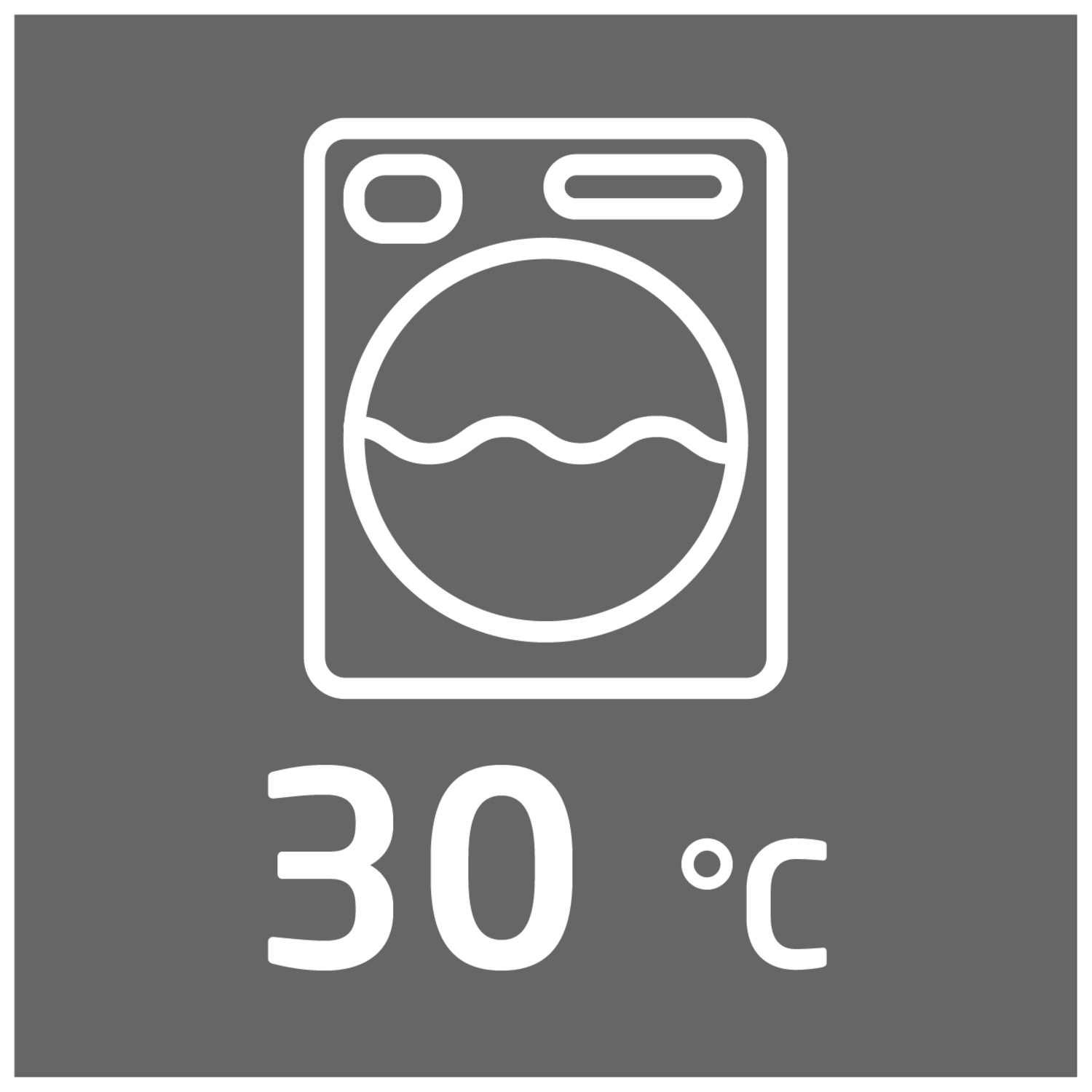 Symbole de machine à laver avec indication de température de 30°C. Symbole blanc sur fond gris, lavage à 30 degrés.