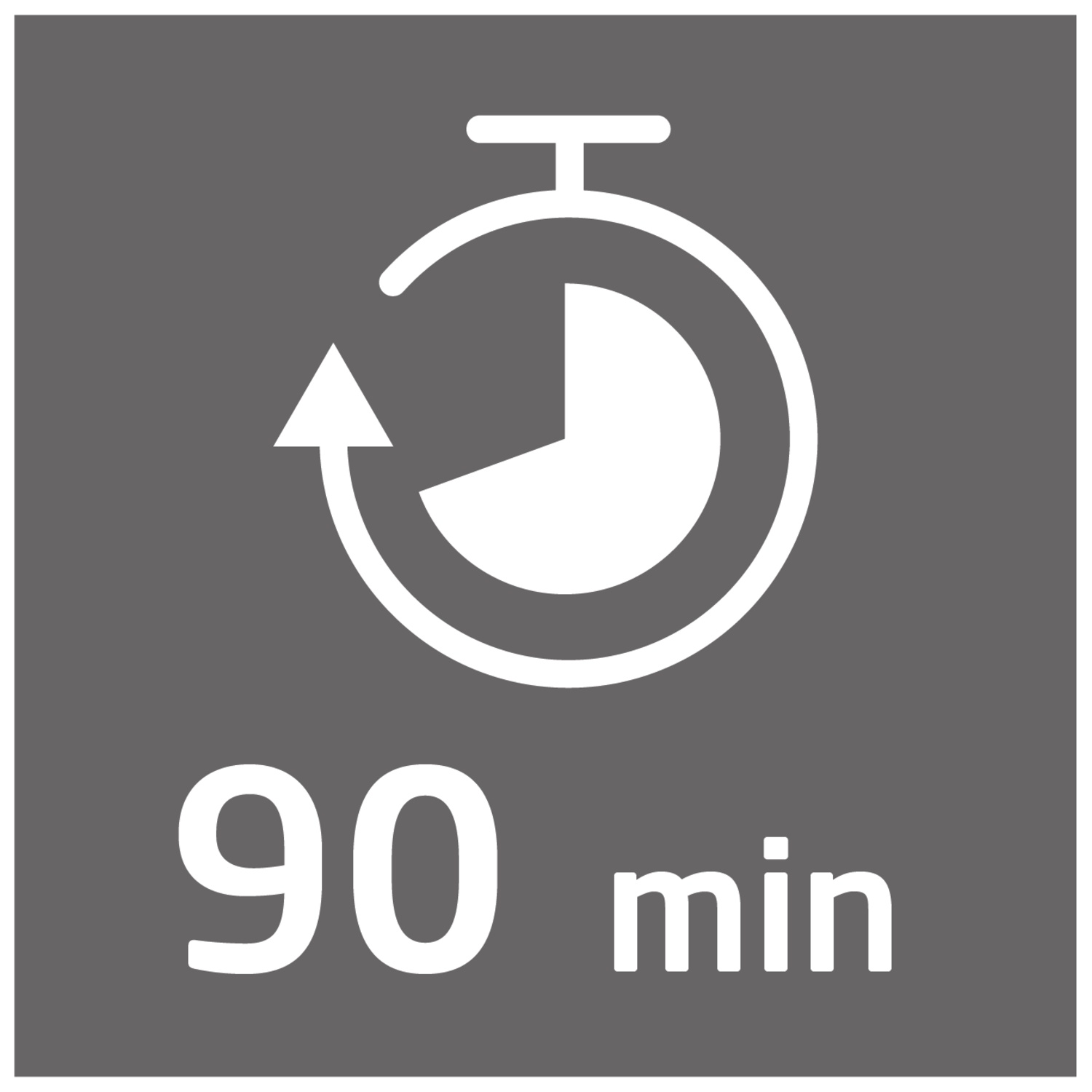 Un carré gris avec une icône de chronomètre blanche et le texte '90 min'. Le chronomètre affiche un segment rempli. Une flèche indique la direction.