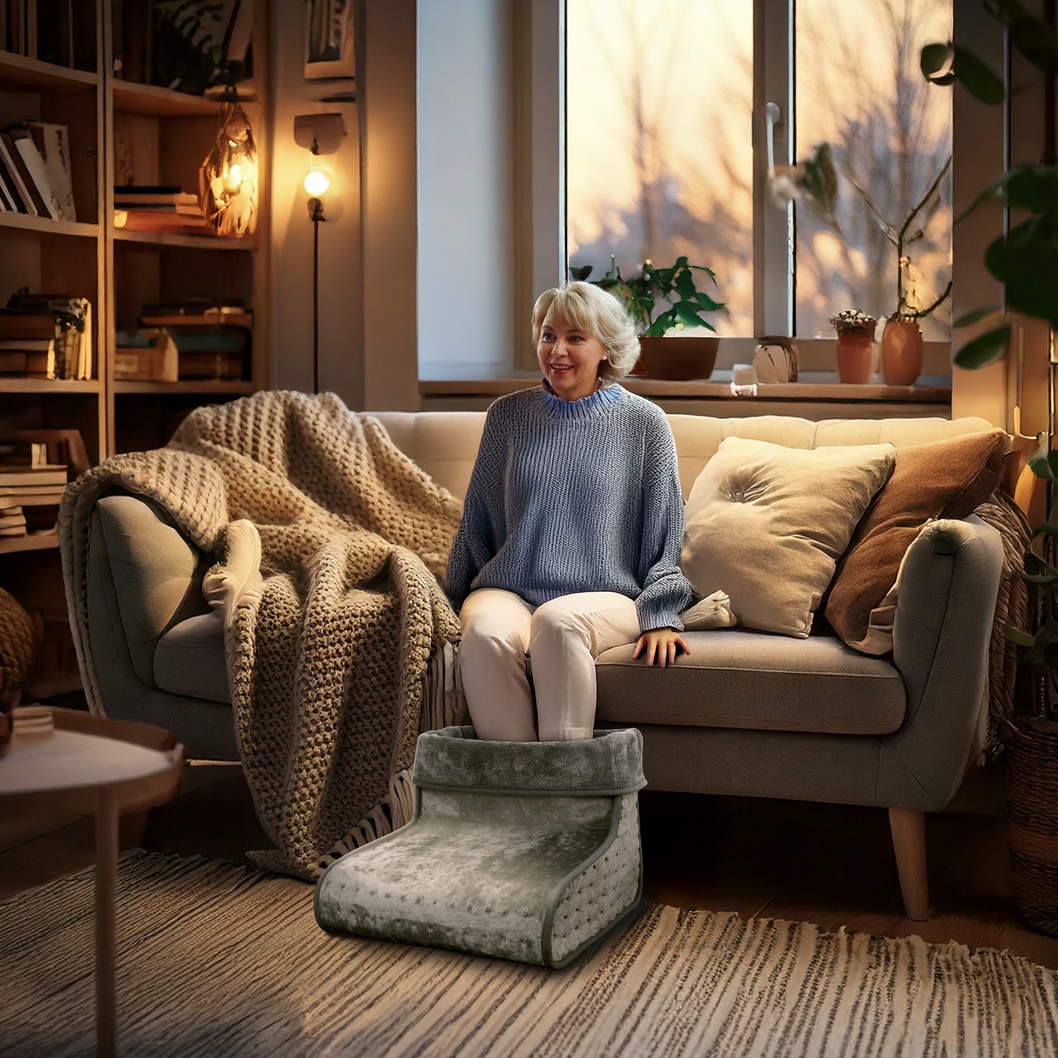 Femme assise sur un canapé, pieds dans un chauffe-pieds. Pièce cosy avec tapis, bibliothèque et fenêtre avec lumière naturelle.