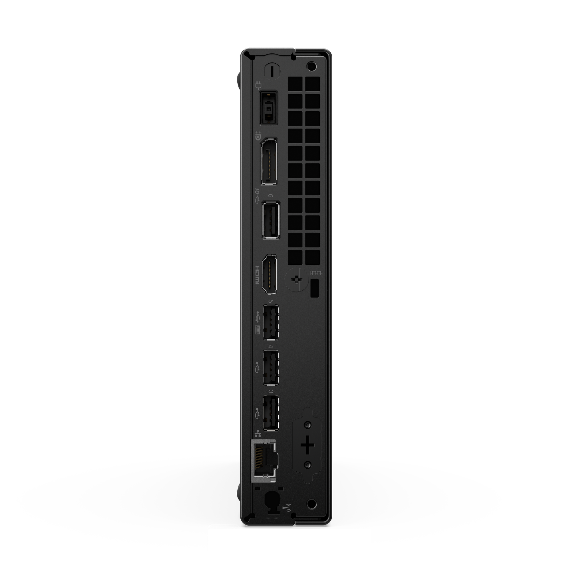 Schwarzes Computergerät, Seitenansicht. Merkmale: Anschlüsse, Lüftungsschlitze und Anschlüsse.
