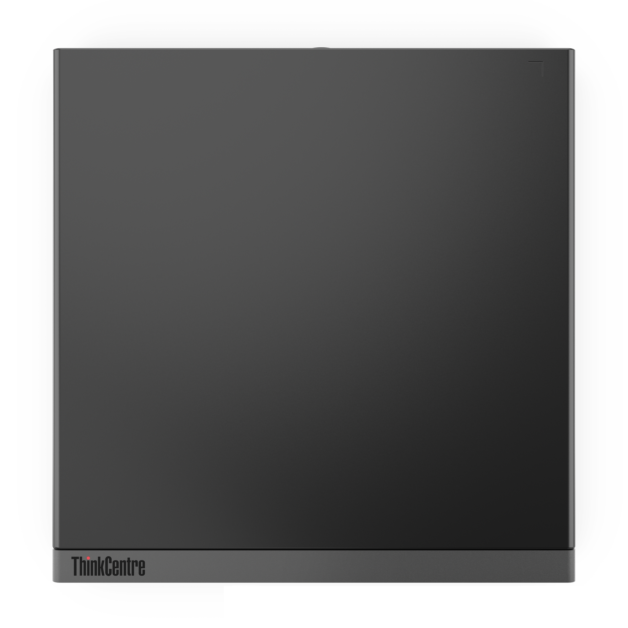 Ein dunkelgrauer ThinkCentre-Computer auf schwarzem Hintergrund. Das ThinkCentre-Logo ist unten am Gerät sichtbar.