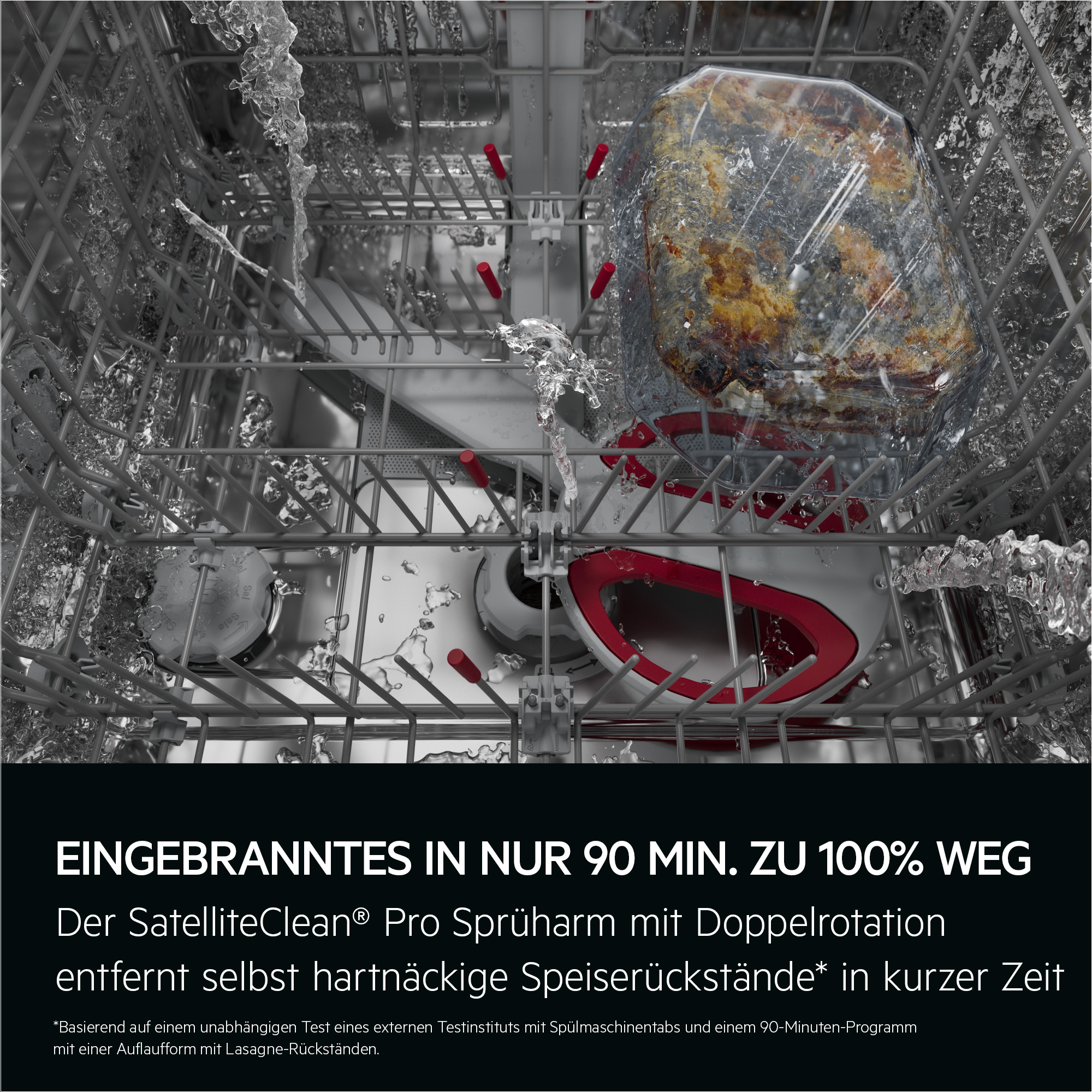 Geschirrspülerinnenraum mit einem Gericht, Wasserstrahlen und roten Sprüharmen. Das Gericht ist mit Speiseresten bedeckt.