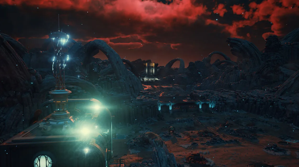 Sci-Fi-Landschaft mit Strukturen, Bögen und rotem Himmel. Der Vordergrund hat einen leuchtenden Turm. Felsiges Gelände dominiert.