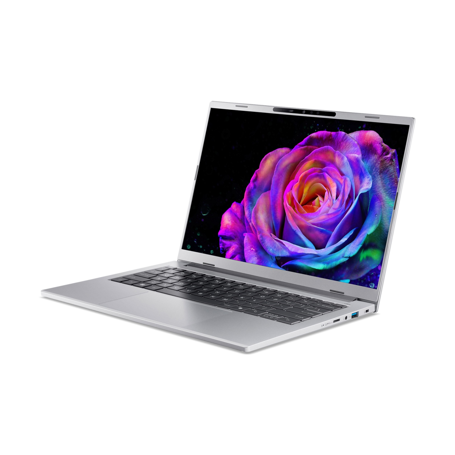 Laptop argento con una rosa colorata sullo schermo. La tastiera è nera e lo sfondo bianco.