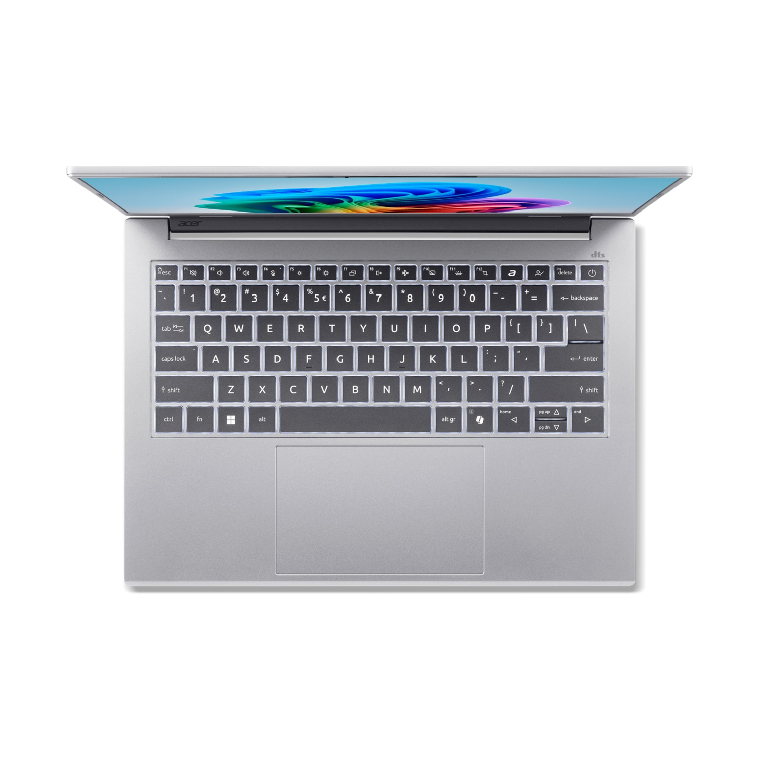 Laptop argentato, aperto, con tastiera e schermo con display colorato. Sfondo bianco, vista dall'alto. Logo Acer visibile.