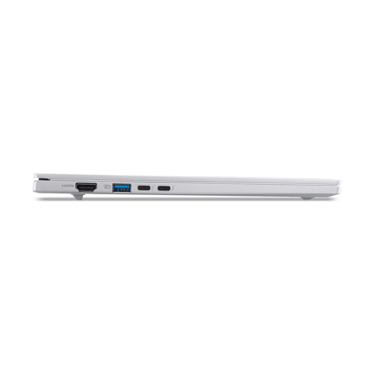 Vista laterale di un laptop argentato. Le porte includono HDMI, USB e porte di ricarica. Il laptop è su sfondo bianco.