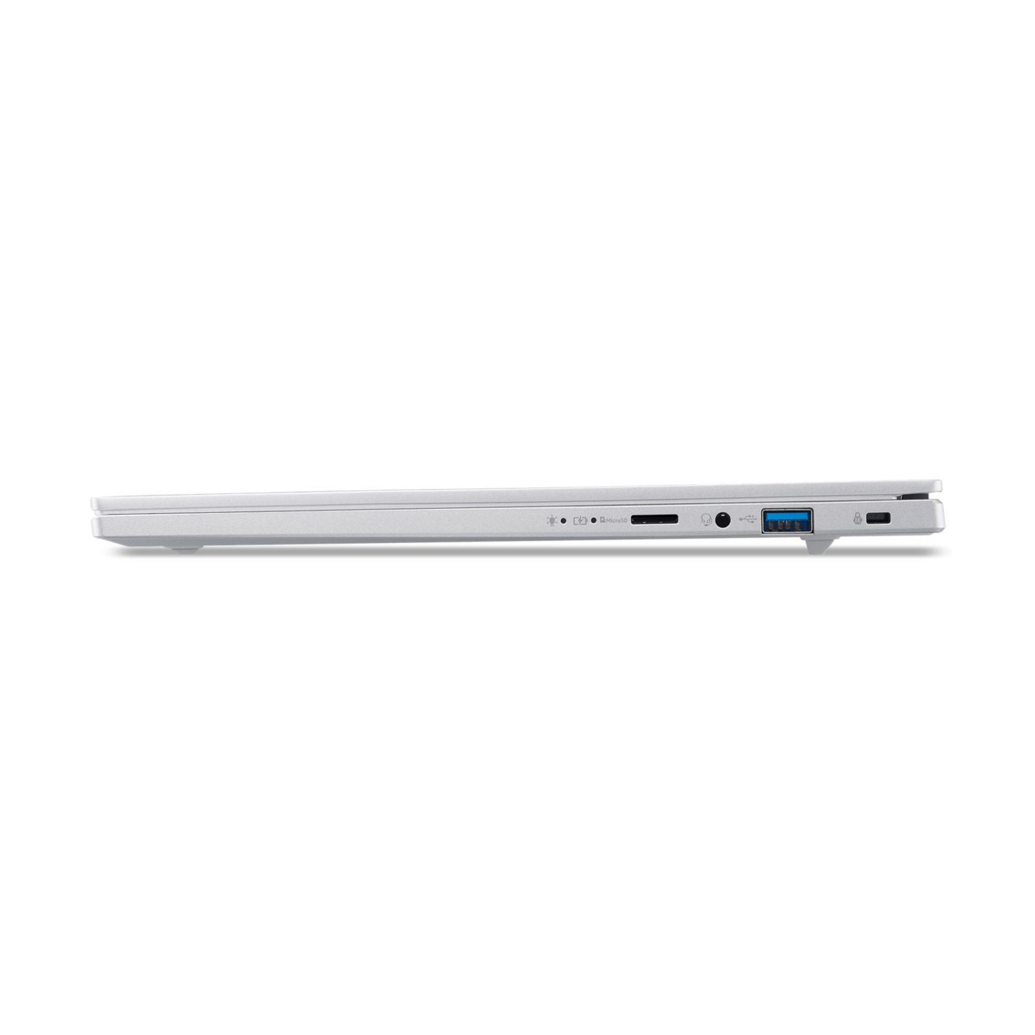 Vista laterale di un laptop bianco che mostra le porte: USB, audio e slot per schede microSD. Il laptop è aperto.