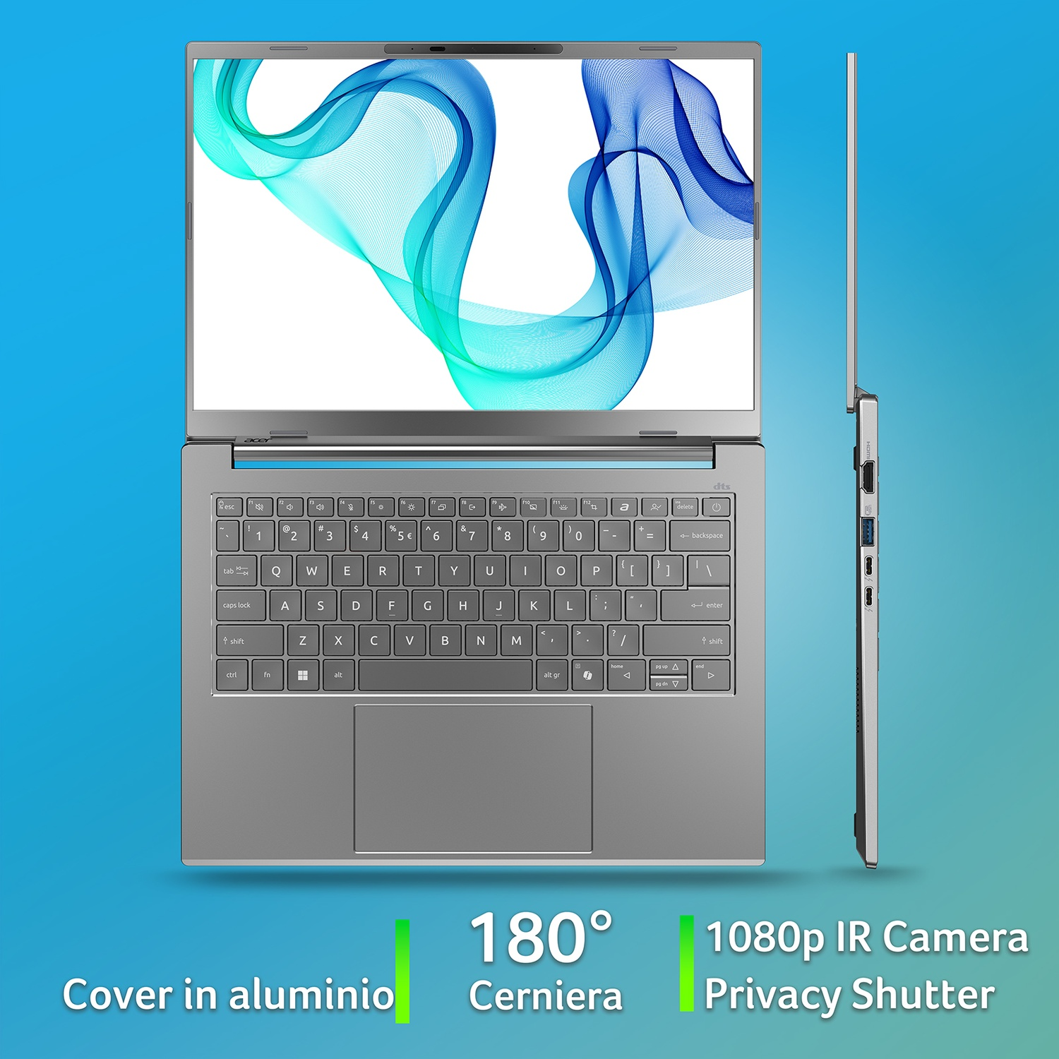 Laptop argento aperto, mostra tastiera e schermo con design blu. Caratteristiche: cerniera 180°, fotocamera IR 1080p e otturatore privacy.
