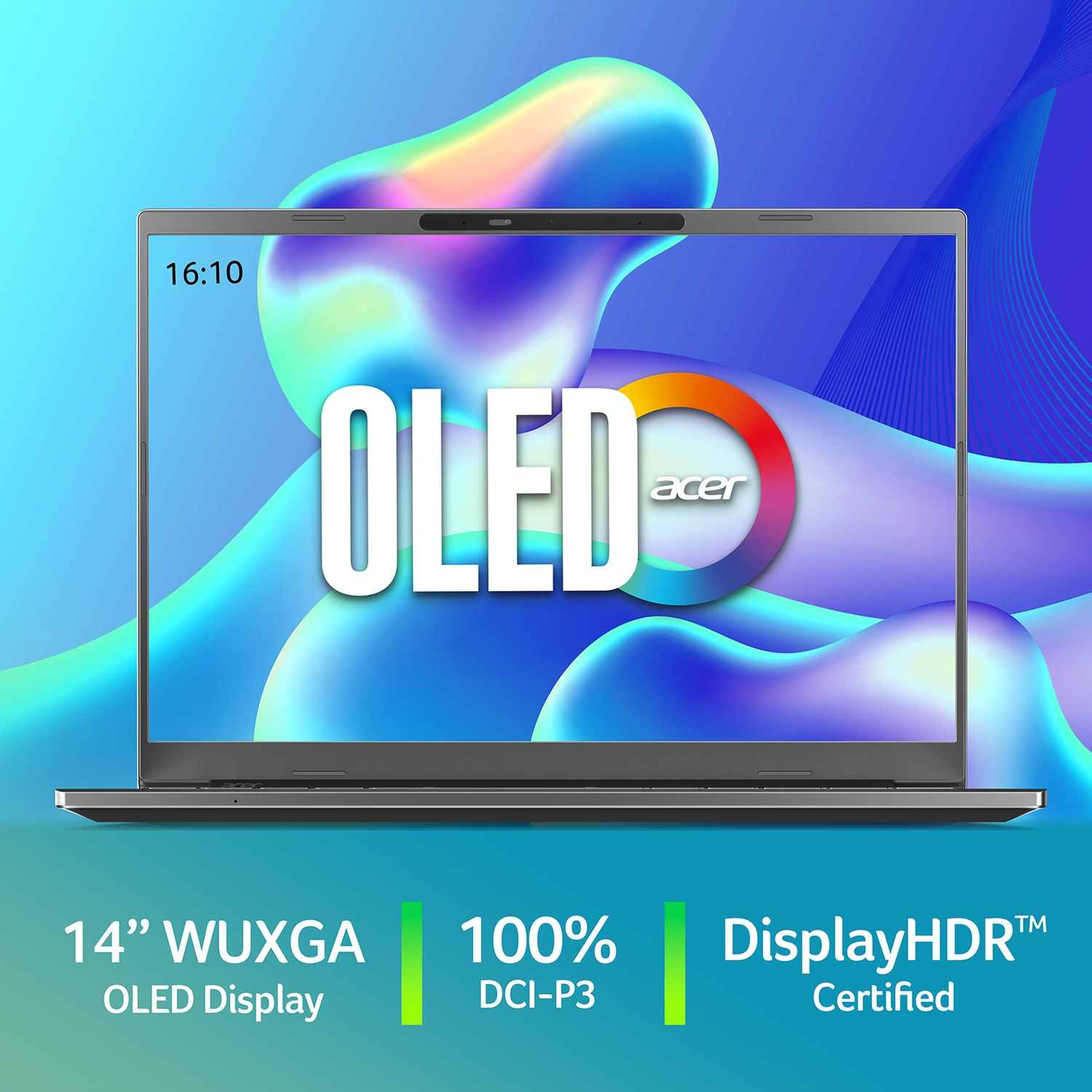 Un laptop con schermo OLED. Il testo sullo schermo dice 'OLED'. Sotto, specifiche come '14" WUXGA' e 'DisplayHDR Certified'.