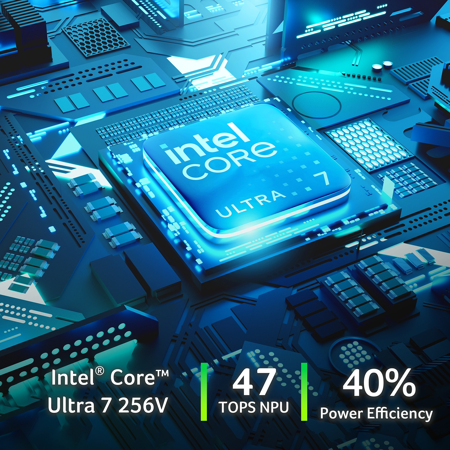Primo piano di un processore Intel Core Ultra 7. I numeri indicano 47 TOPS NPU e 40% efficienza energetica, con circuiti blu.