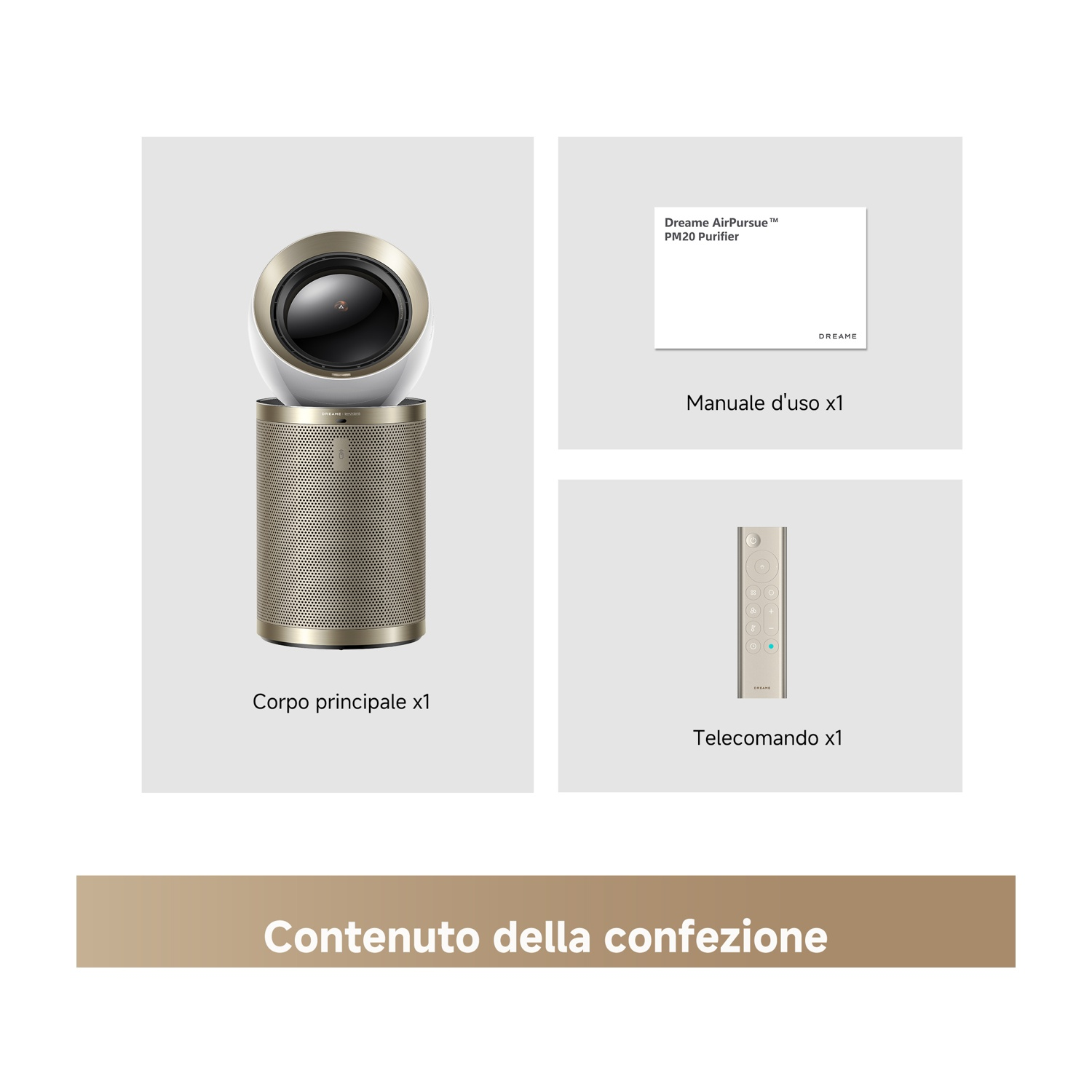 L'immagine mostra un purificatore d'aria, manuale e telecomando. Corpo principale oro e bianco. Testi in italiano.