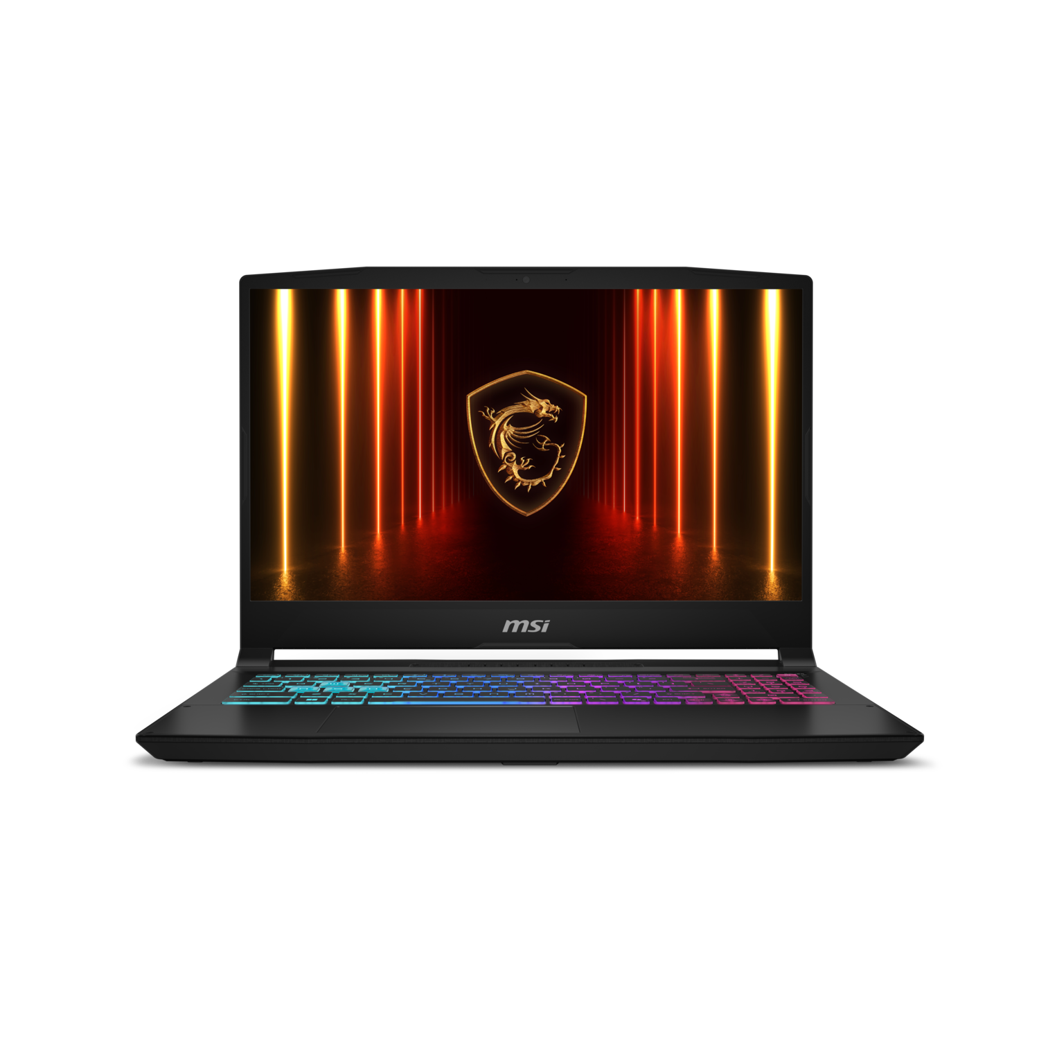 Black MSI laptop displaying a golden dragon logo on screen with colorful keyboard backlighting, set against a black backdrop.
