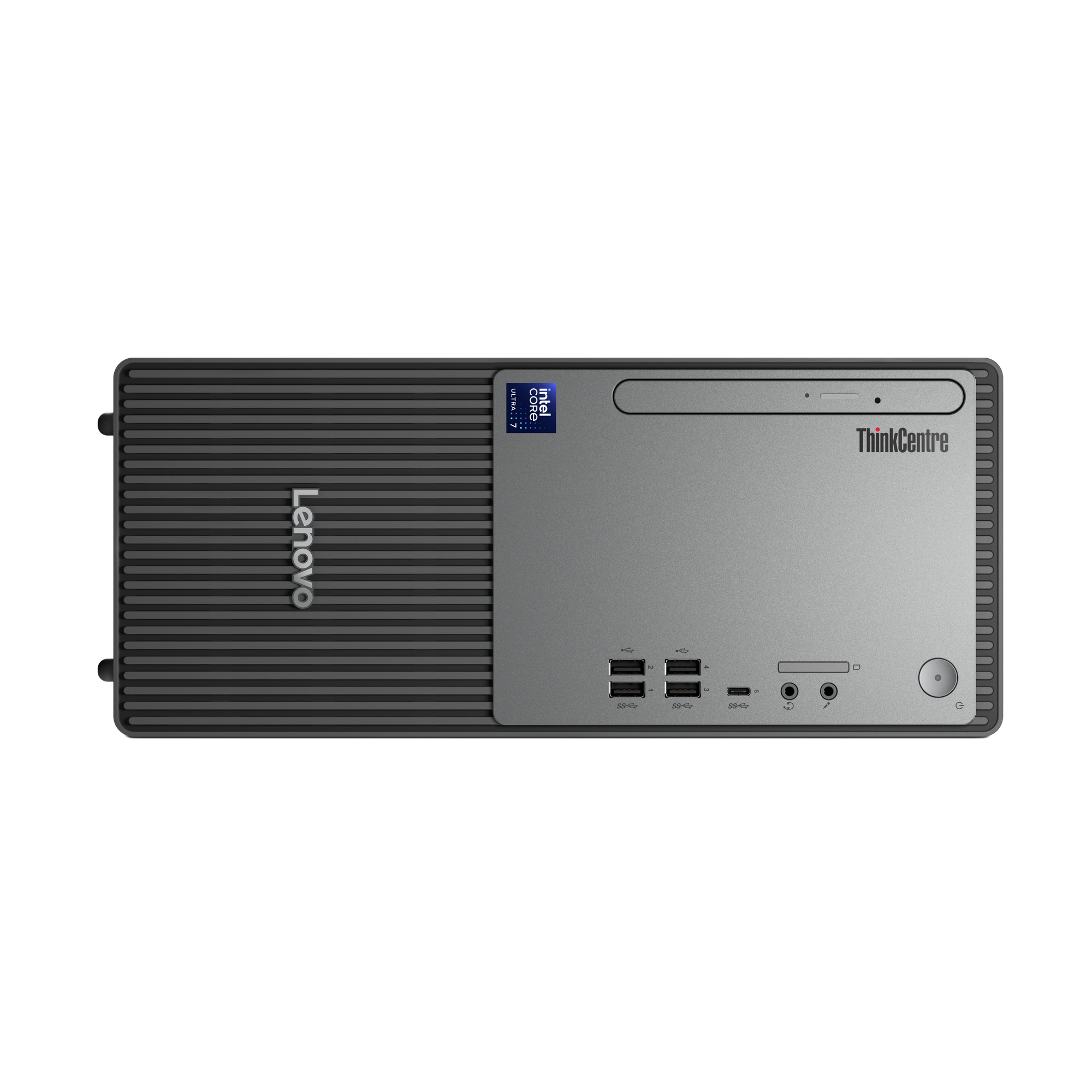 Ein grauer Lenovo ThinkCentre Desktop-Computer. Er hat den Intel Core Ultra 7 Aufkleber. Schwarzer Hintergrund.