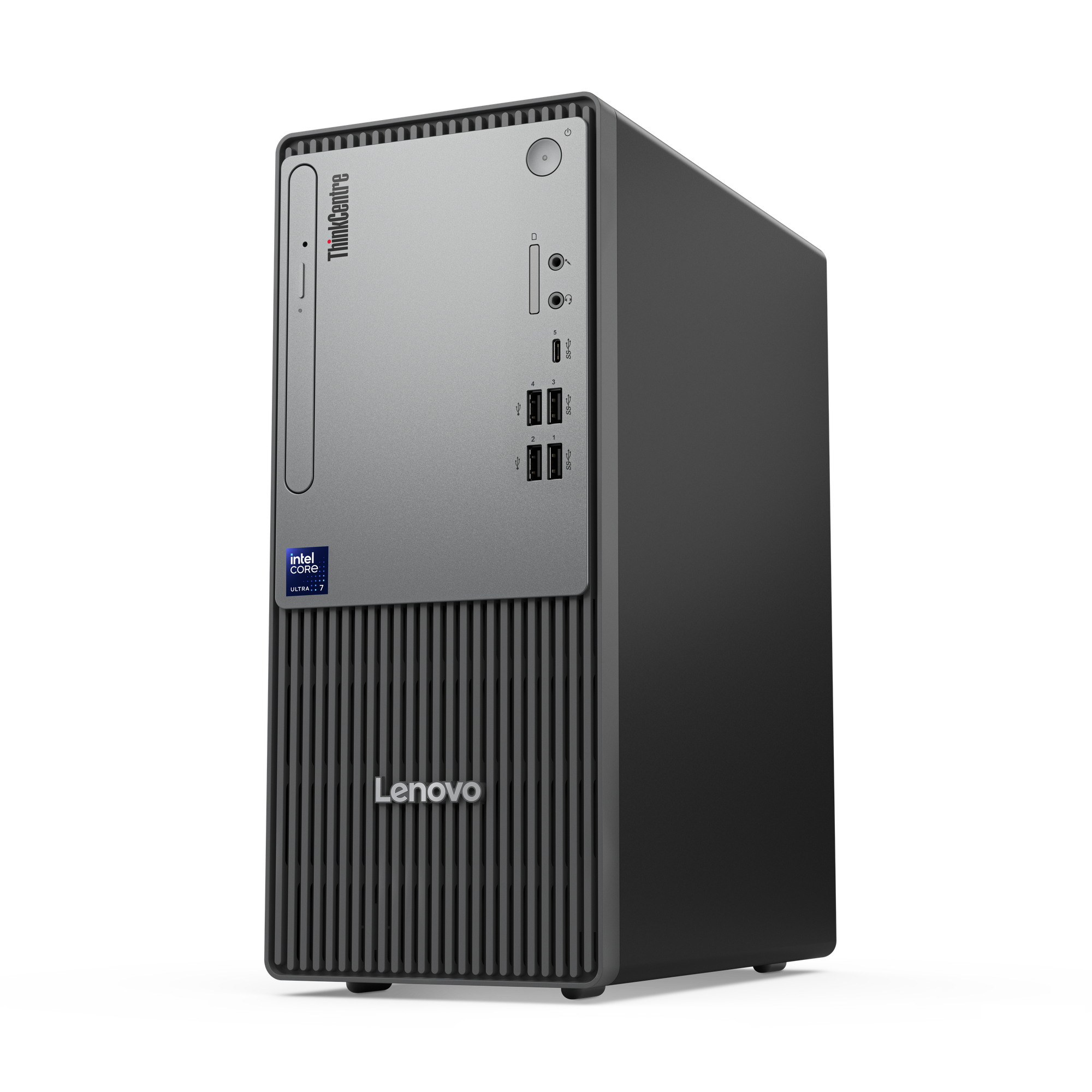 Ein Lenovo ThinkCentre Desktop-Computer. Silber und schwarz. Hat einen Einschaltknopf, USB-Anschlüsse und einen Intel Core Ultra 7 Aufkleber.