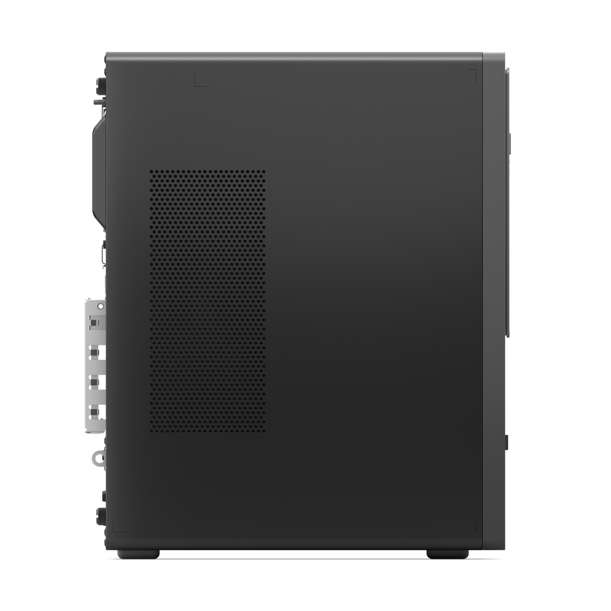Seitenansicht eines schwarzen Desktop-Computergehäuses. Es hat eine perforierte Seitenwand und verschiedene Anschlüsse.