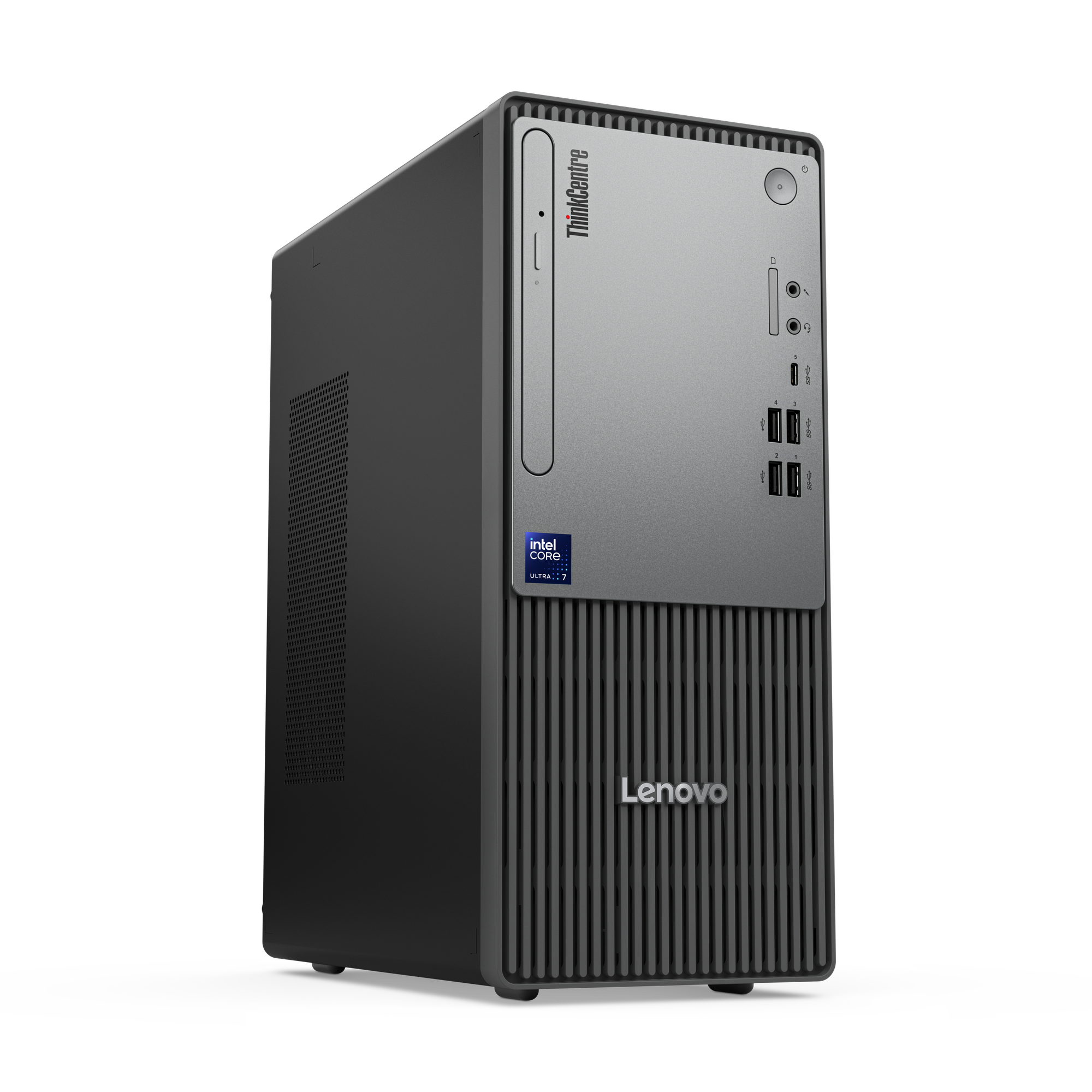 Ein Lenovo ThinkCentre Desktop-Computer. Er ist schwarz und grau mit dem Intel Core Ultra 7 Logo. Das Lenovo-Logo ist sichtbar.