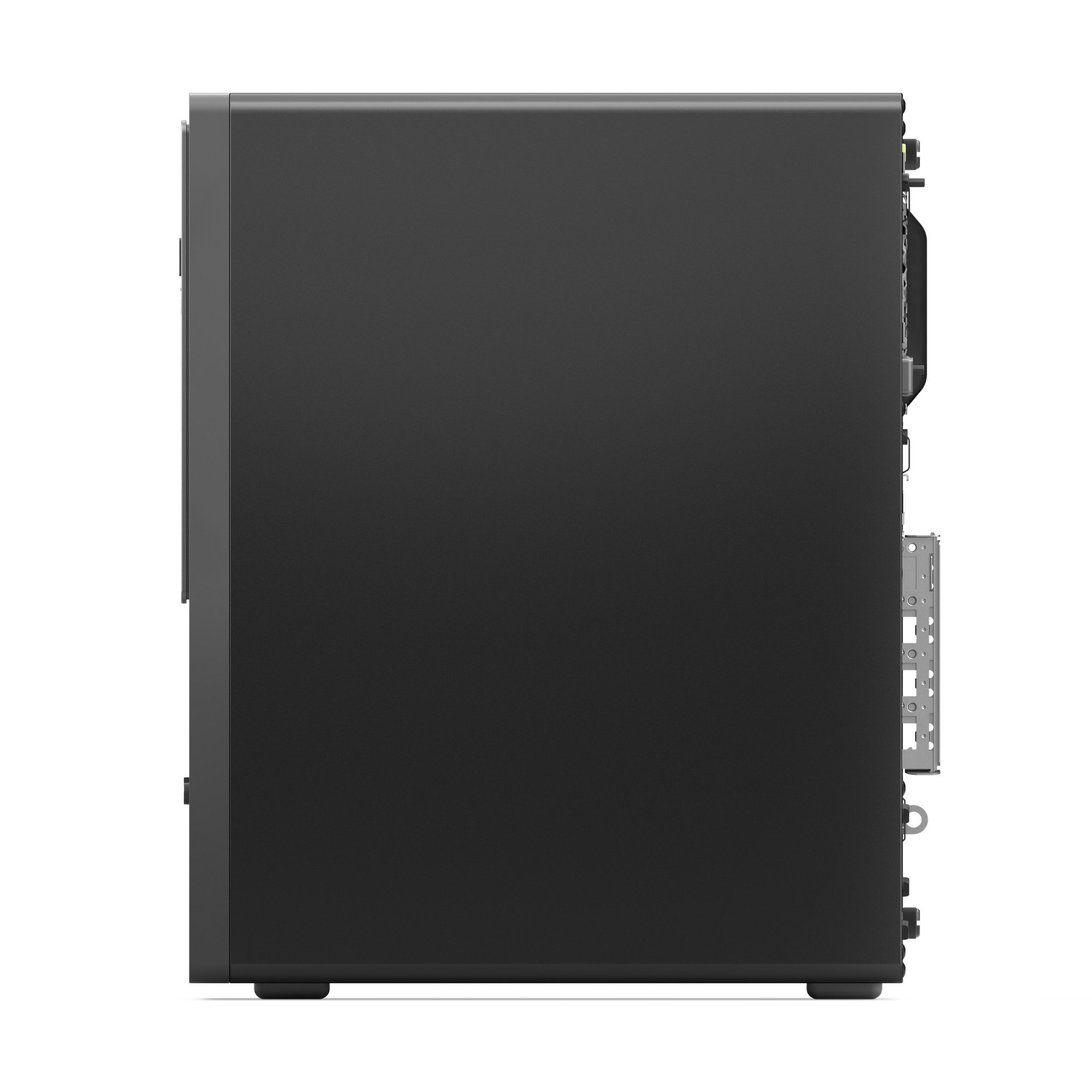 Seitenansicht eines schwarzen Desktop-Computergehäuses. Zeigt die Seiten- und Rückwand mit Anschlüssen.